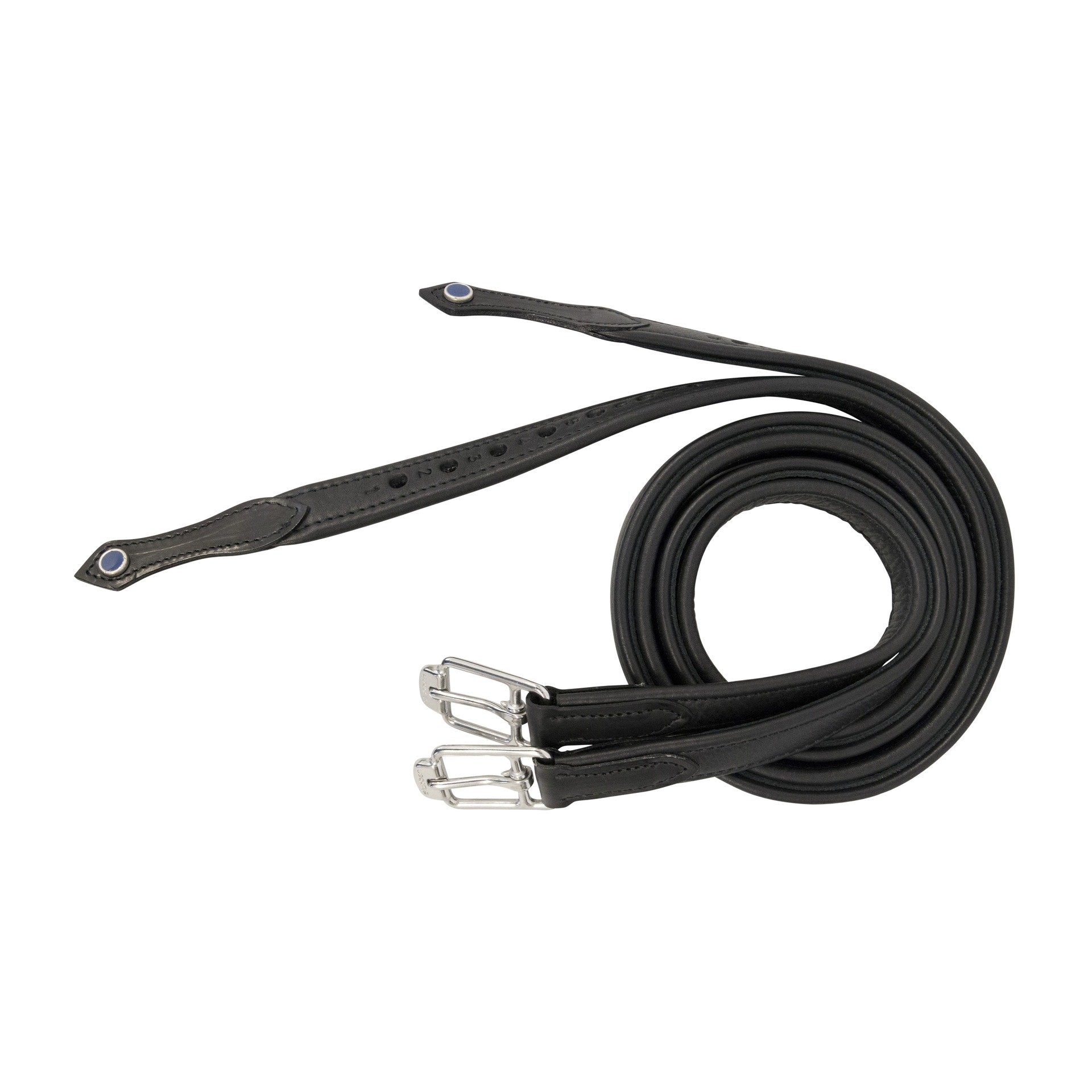 Eingerollte schwarze Stübben Steigbügelriemen de Luxe aus besonders weichem und geschmeidigem Vachettenleder, die die hohe Flexibilität und Qualität des Leders zeigen, geeignet für Dressurreiten, Springreiten, Vielseitigkeitsreiten, Turnierreiten und Freizeitreiten.