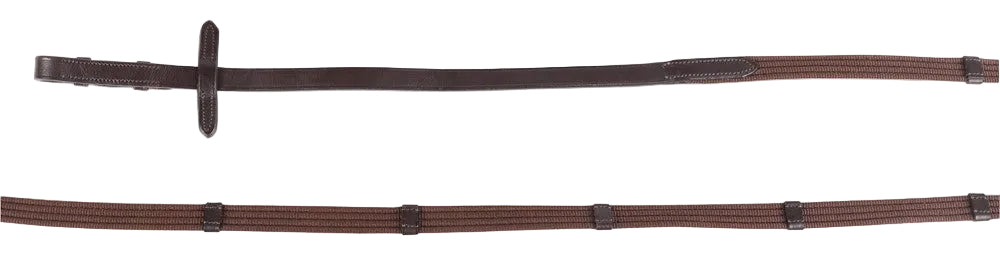 Die zur Harry’s Horse Trense Anatomic gehörenden braunen Gurtbandzügel mit fünf Stegen und Martingalstoppern ergänzen die anatomische Trense optimal und sorgen für sicheren Halt und kontrollierte Zügelführung.