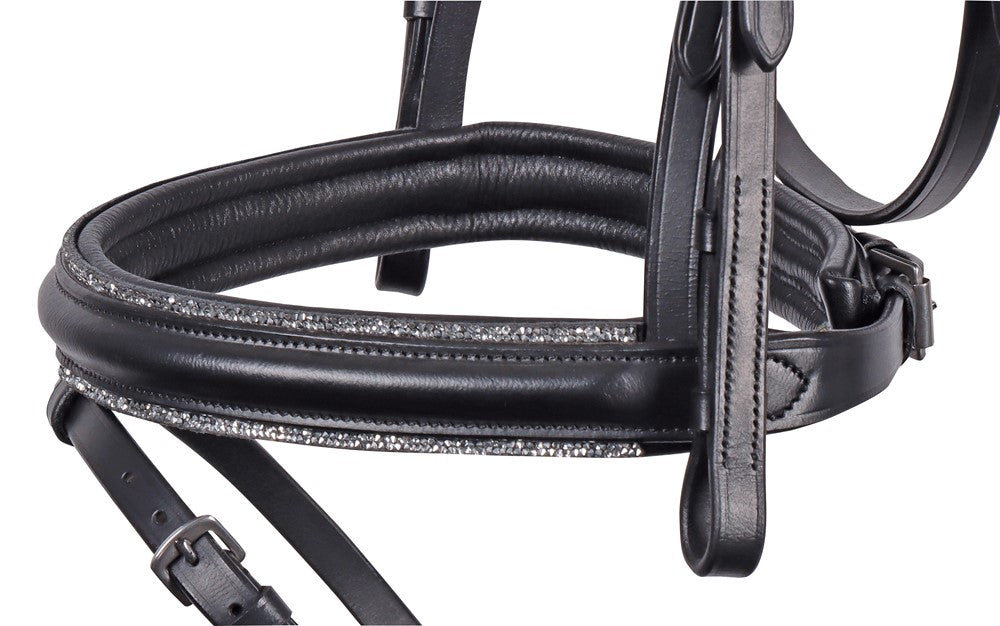 Detailansicht des englisch kombinierten Nasenriemens der Harry’s Horse Trense Sparkle mit Glitzer-Zierkeder und Crystal Rocks, inklusive Sperrriemen und weicher Polsterung für pferdefreundlichen Komfort.