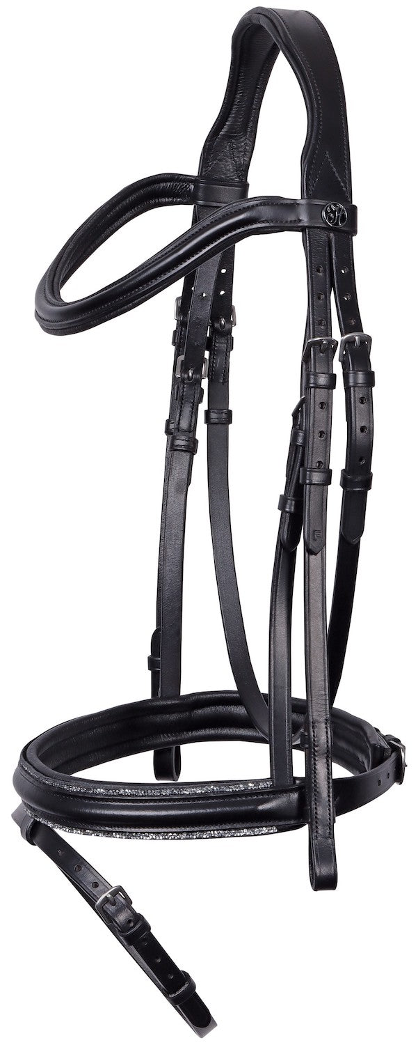 Schwarze Harry’s Horse Trense Sparkle ohne Zügel, englisch kombiniert, mit funkelnder Glitzer-Zierkeder und anatomisch gepolstertem Genickstück – elegante Trense für Pony und Pferd.