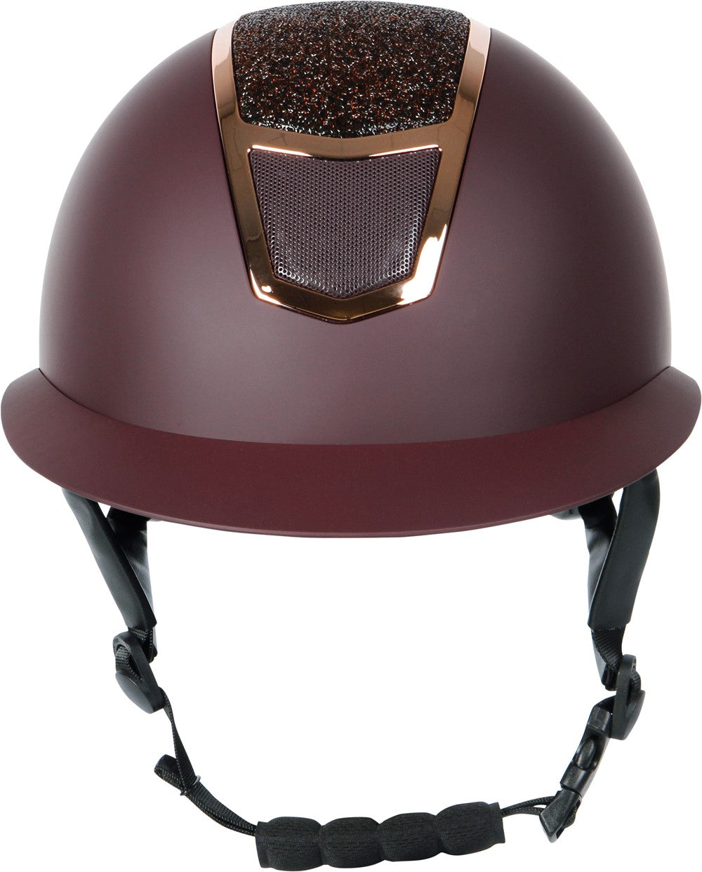 Die Frontansicht des Harry’s Horse Mont Blanc Sparkle Reithelms in bordeaux rosegold zeigt den funkelnden Crystal-Rocks-Glitzerbereich, das moderne Visier und die hochwertige Verarbeitung eines zertifizierten Sicherheitsreithelms nach EN1384:2023.