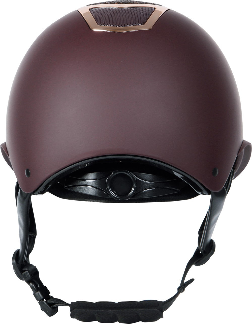 Die Rückseite des Harry’s Horse Sicherheitsreithelms Mont Blanc Sparkle in bordeaux rosegold zeigt den praktischen Drehknopf zur komfortablen und sicheren Größeneinstellung, bietet ausreichend Platz für Zopf oder Dutt unter dem Helm und macht den Reithelm ideal für Turnierreiter und Freizeitreiter, während das Kinnpolster am Helmverschluss für zusätzlichen Tragekomfort sorgt.