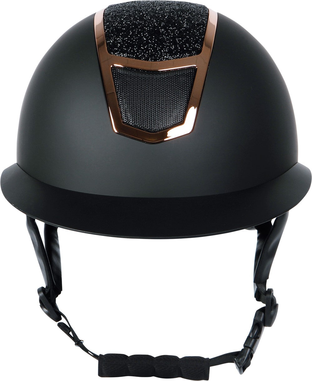 Frontalansicht des Harry’s Horse Mont Blanc Sparkle Sicherheitsreithelms in Schwarz Rosegold mit Kinnpolster, 4-Punkt-Befestigung und klar sichtbarer vorderer Silhouette für sicheren Halt beim Reiten.