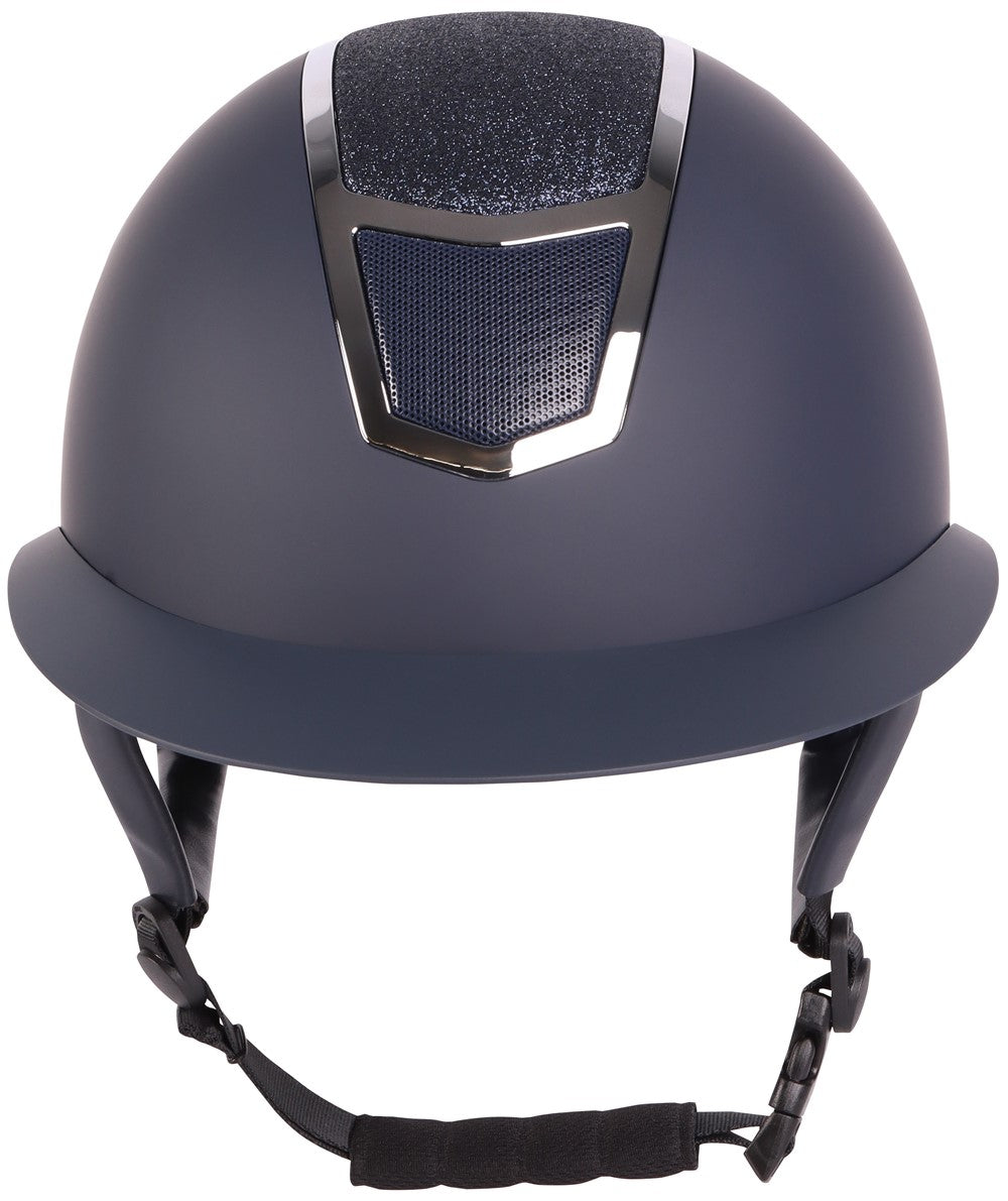 Frontalansicht des Harry’s Horse Mont Blanc Sparkle Sicherheitsreithelms in Navy Silber mit Kinnpolster, 4-Punkt-Befestigung und klar sichtbarer vorderer Silhouette für sicheren Halt beim Reiten.