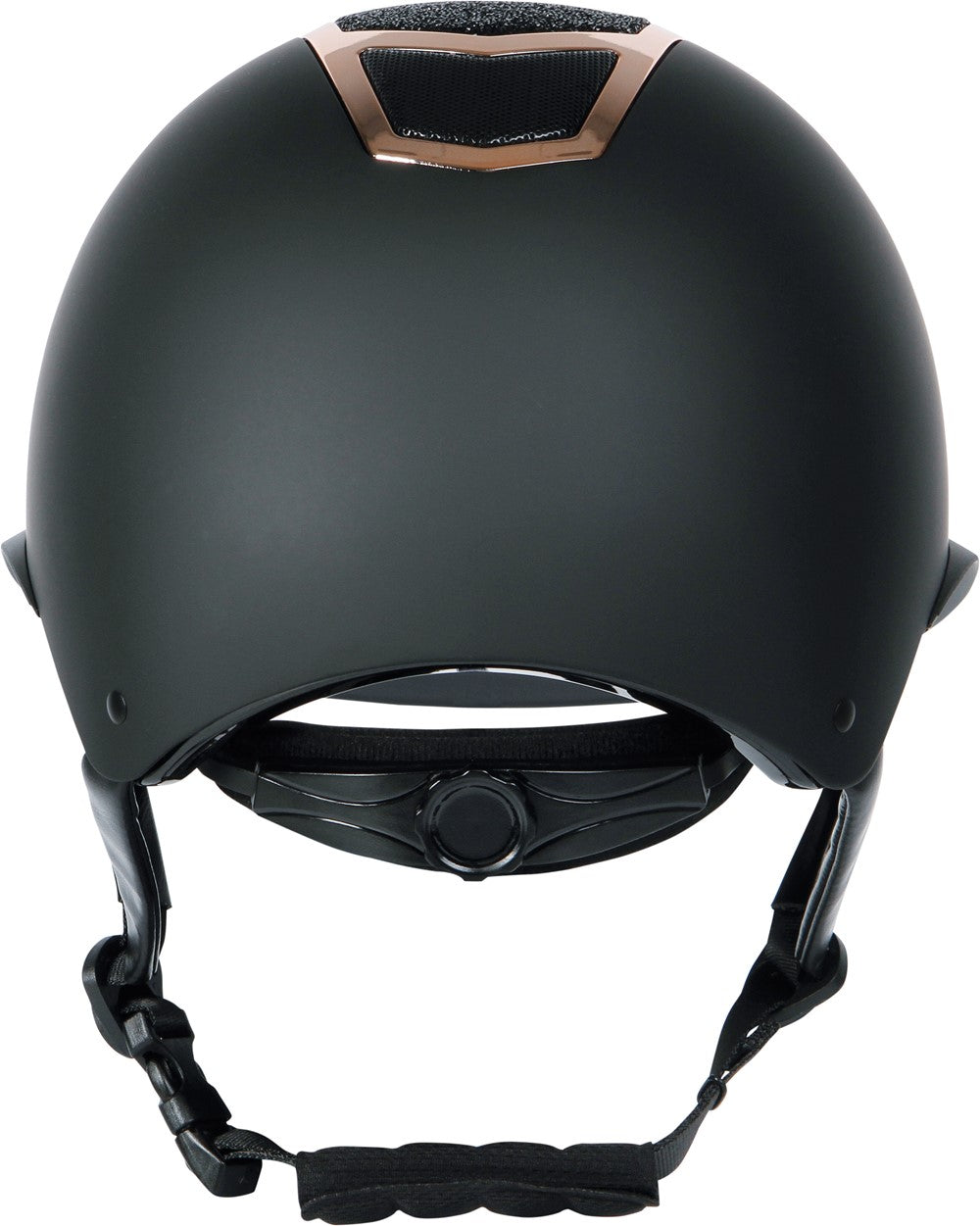 Rückansicht des Harry’s Horse Mont Blanc Sparkle Sicherheitsreithelms mit Drehknopf zur individuellen Größenanpassung, sicherem Halt während des Reitens und genügend Platz für Zopf oder Turnierdutt – Must-have für Dressurreiterinnen.