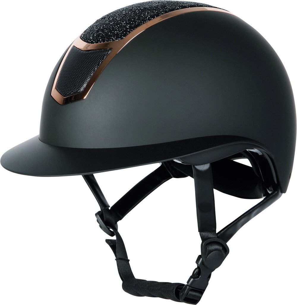 Harry’s Horse Mont Blanc Sparkle Reithelm seitlich von vorne in Schwarz Rosegold mit funkelndem Crystal-Rocks-Glitzer, verchromten Rosegold-Einsätzen, Helmform, breitem Helmschirm und sicherem Helmverschluss.