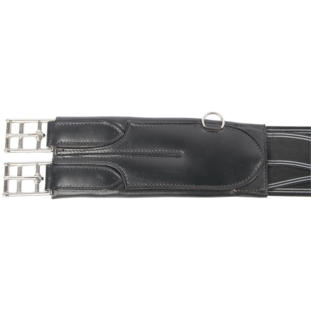 Detailaufnahme der Edelstahl-Rollschnallen des Harry’s Horse Stollenschutzgurts Deluxe in Schwarz. Zu sehen sind die stabilen Rollschnallen mit hochwertigem schwarzem Leder sowie der integrierte elastische Einsatz, der für gleichmäßiges Angurten, Druckentlastung und zusätzliche Bewegungsfreiheit sorgt. Ideal für Springgurt-Anwendungen, Vielseitigkeit und sportliches Training mit hoher Belastung.