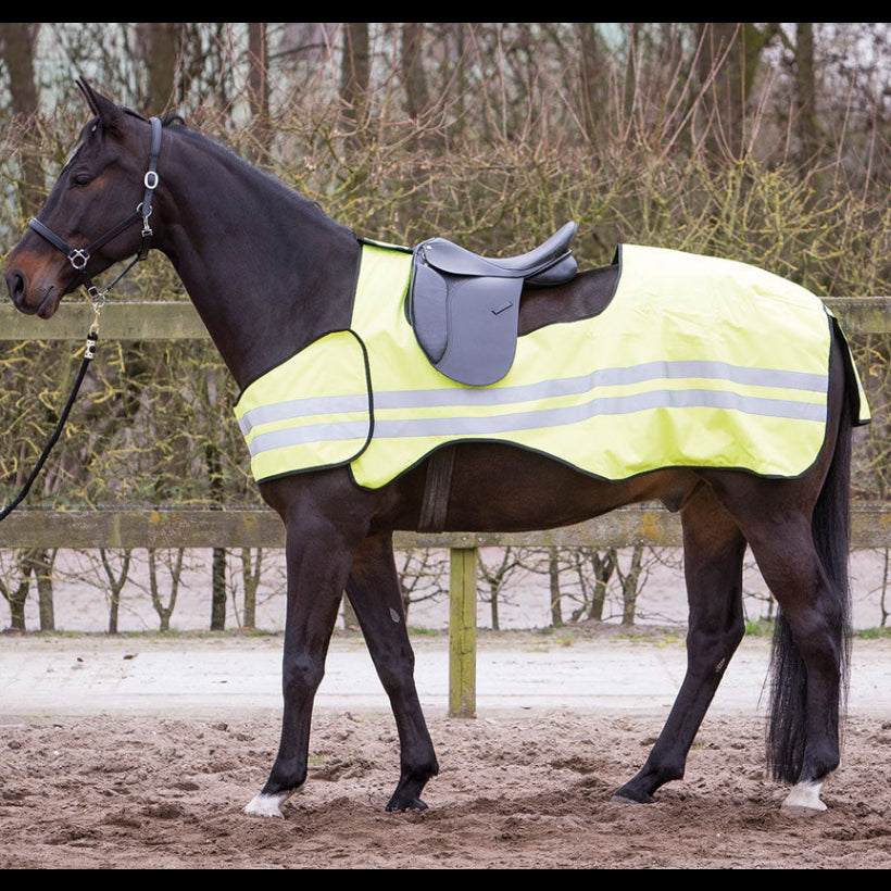 Gesatteltes Pferd bei Tageslicht mit Harry’s Horse Ausreitdecke Reflective in neon gelb, zeigt flexible Passform und großzügigen Sattelausschnitt für unterschiedliche Sattelgrößen