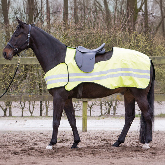 Gesatteltes Pferd bei Tageslicht mit Harry’s Horse Ausreitdecke Reflective in neon gelb, zeigt flexible Passform und großzügigen Sattelausschnitt für unterschiedliche Sattelgrößen