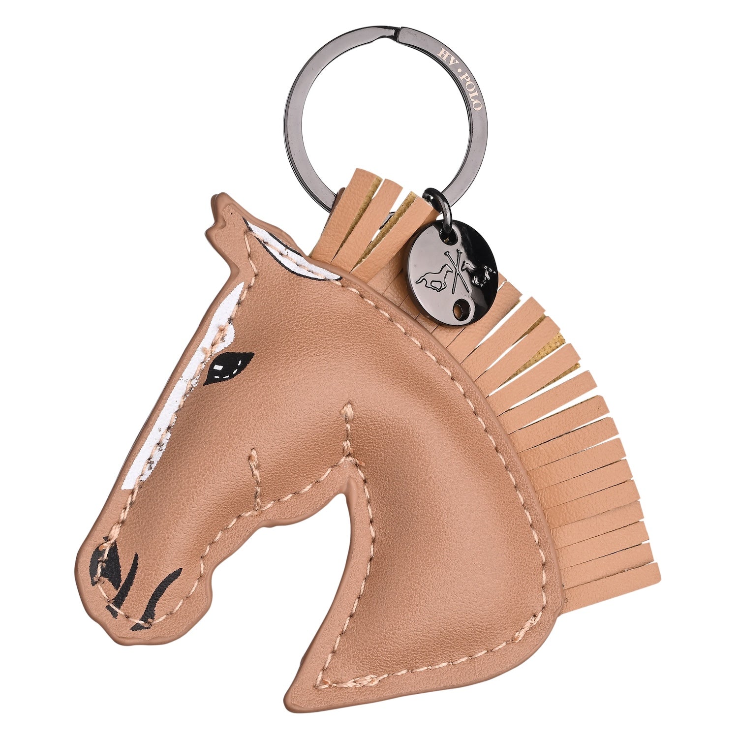 Ein beiger HV Polo Schlüsselanhänger „HVPHorse“ aus Leder in Form eines Pferdekopfes mit Stehmähne und weißer Blesse, versehen mit silbernem Schlüsselring und rundem HV-Polo Metalllogo.