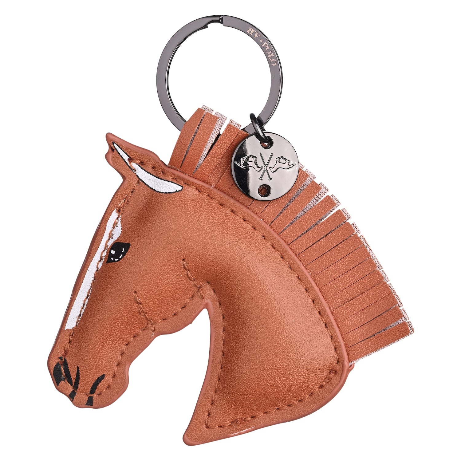 Ein fuchsfarbener HV Polo Schlüsselanhänger „HVPHorse“ aus Leder in Form eines braunen Pferdekopfes mit Stehmähne und weißer Blesse, ausgestattet mit silbernem Schlüsselring und HV-Polo Metalllogo.