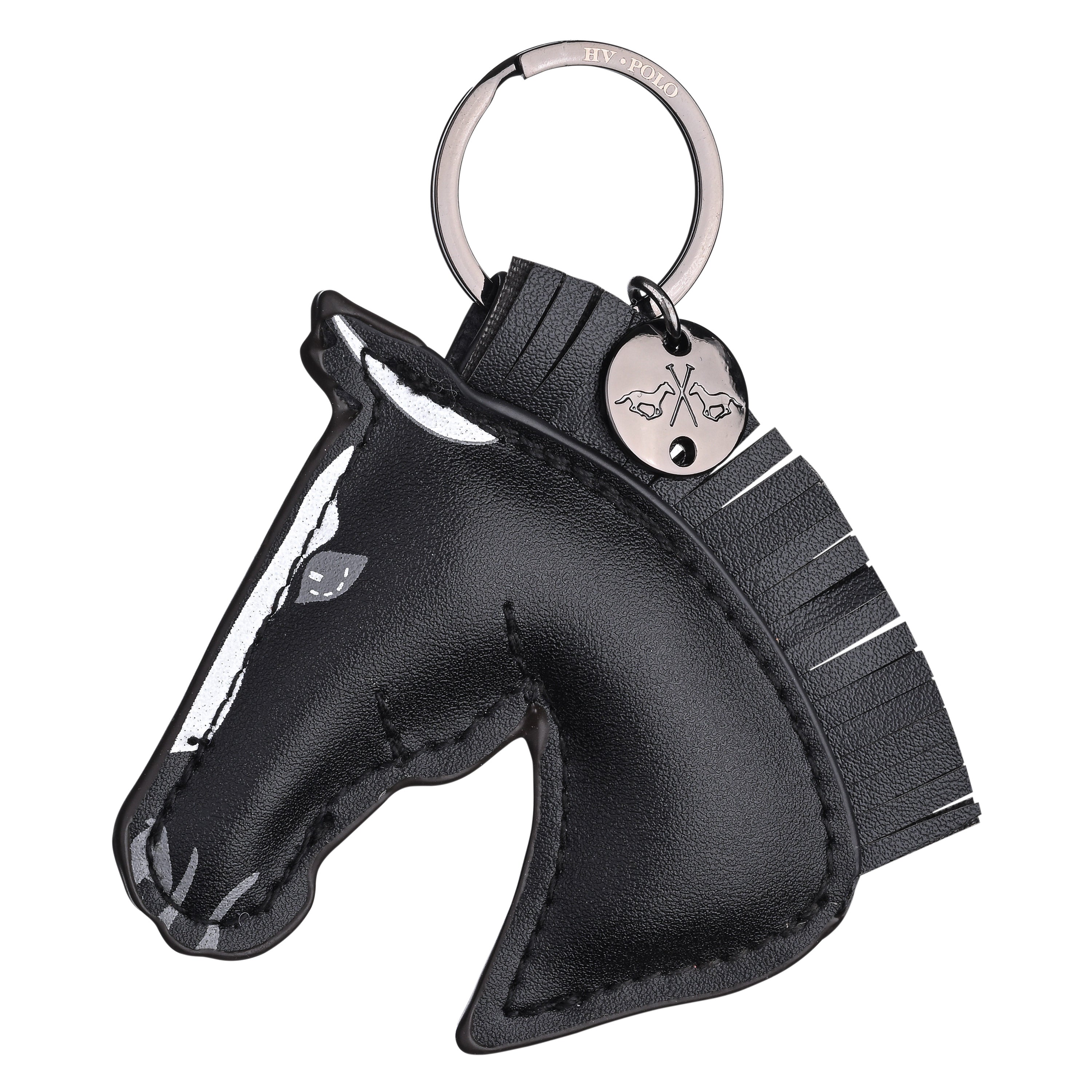 Ein eleganter HV Polo Schlüsselanhänger „HVPHorse“ in Schwarz aus Leder, in Form eines Pferdekopfes mit Stehmähne und weißer Blesse, mit silbernem Schlüsselring und geprägtem HV Polo Metall-Logo.