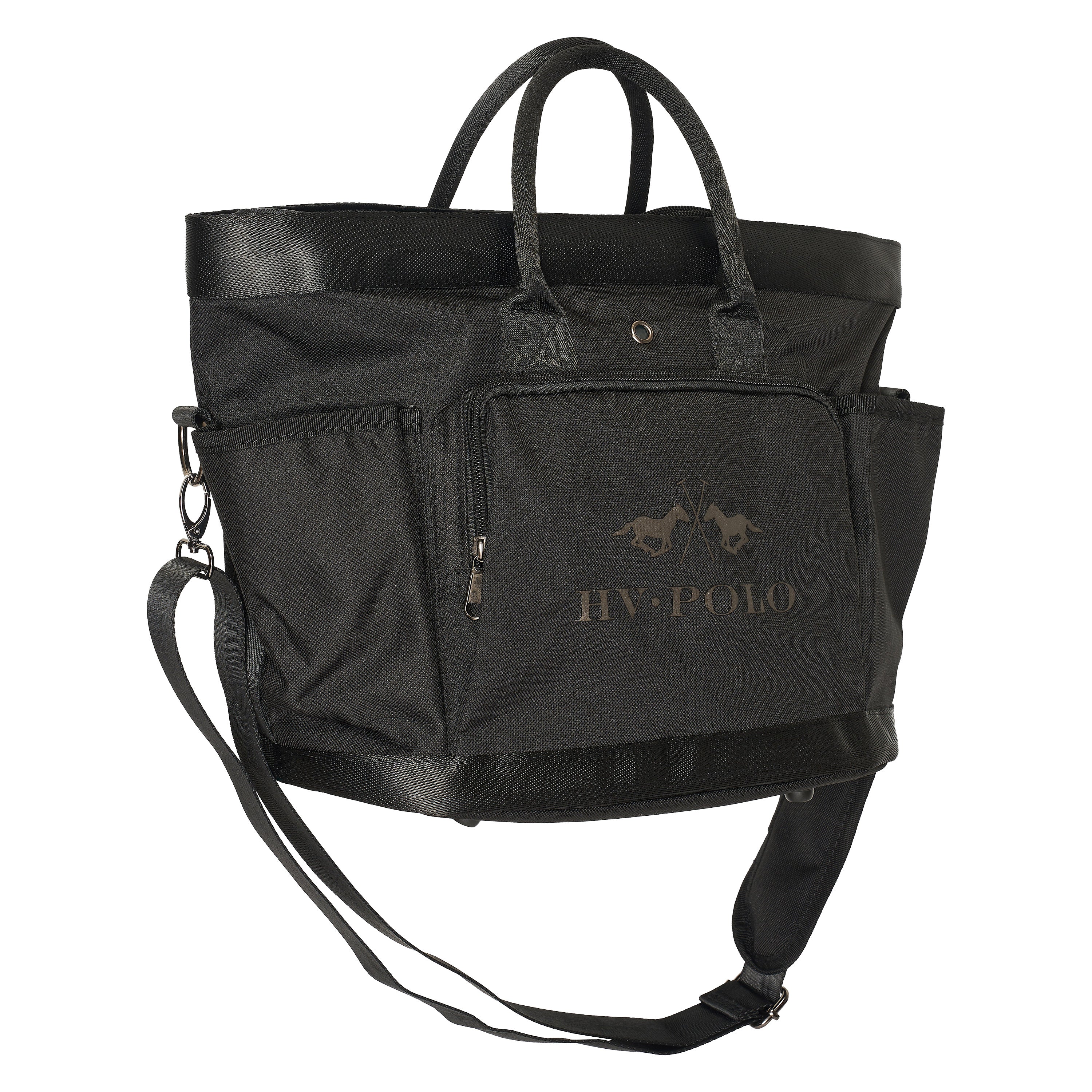 Die HV Polo Putztasche HVPJonna in schwarz für Pferdebürsten, Striegel, Pferdepflegemittel und Reitsportequipment. Mit zwei Handgriffen zum Tragen in der Hand und mit einem verstellbarem Schultergurt zum Tragen über der Schulter. Elegantes Design mit HV Polo Logo Print.
