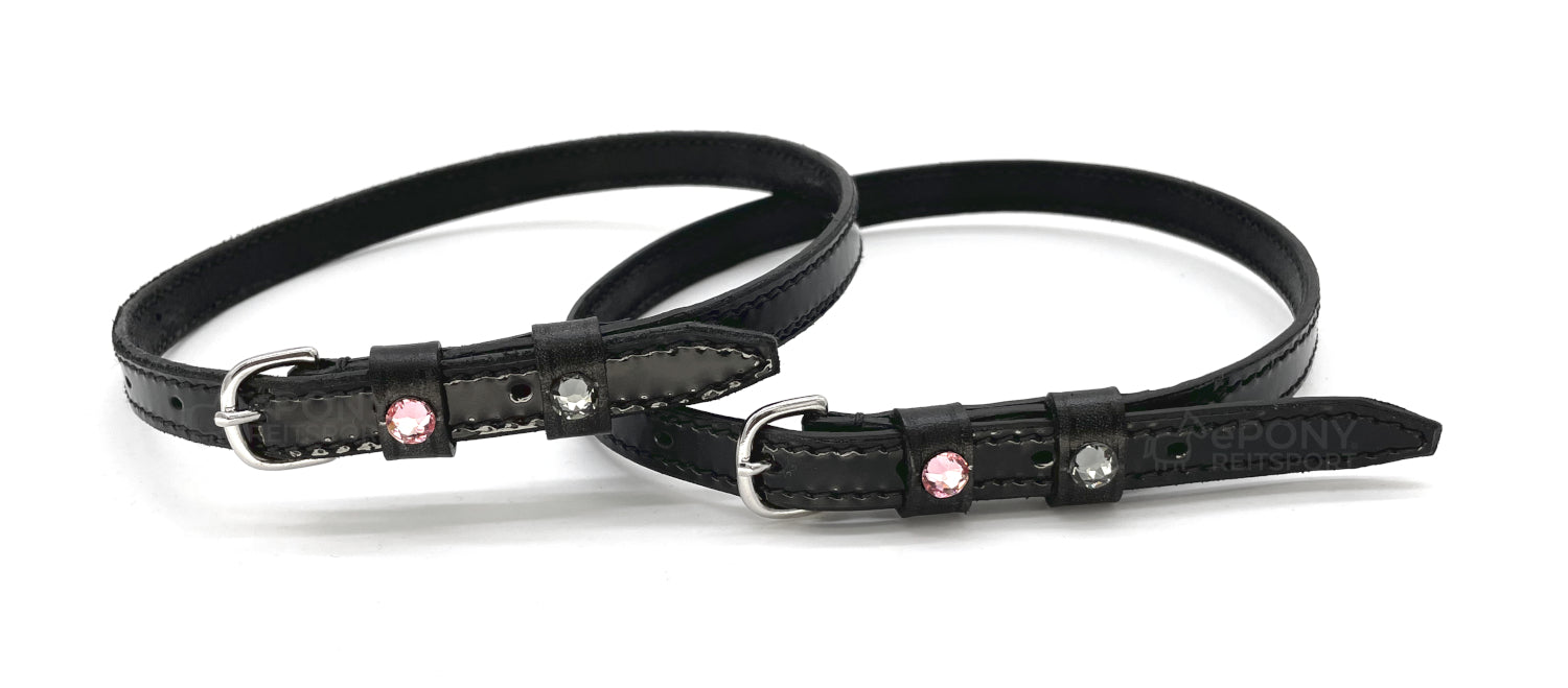 Döbert Classic spur straps patent black with premium crystal stones in pink grey