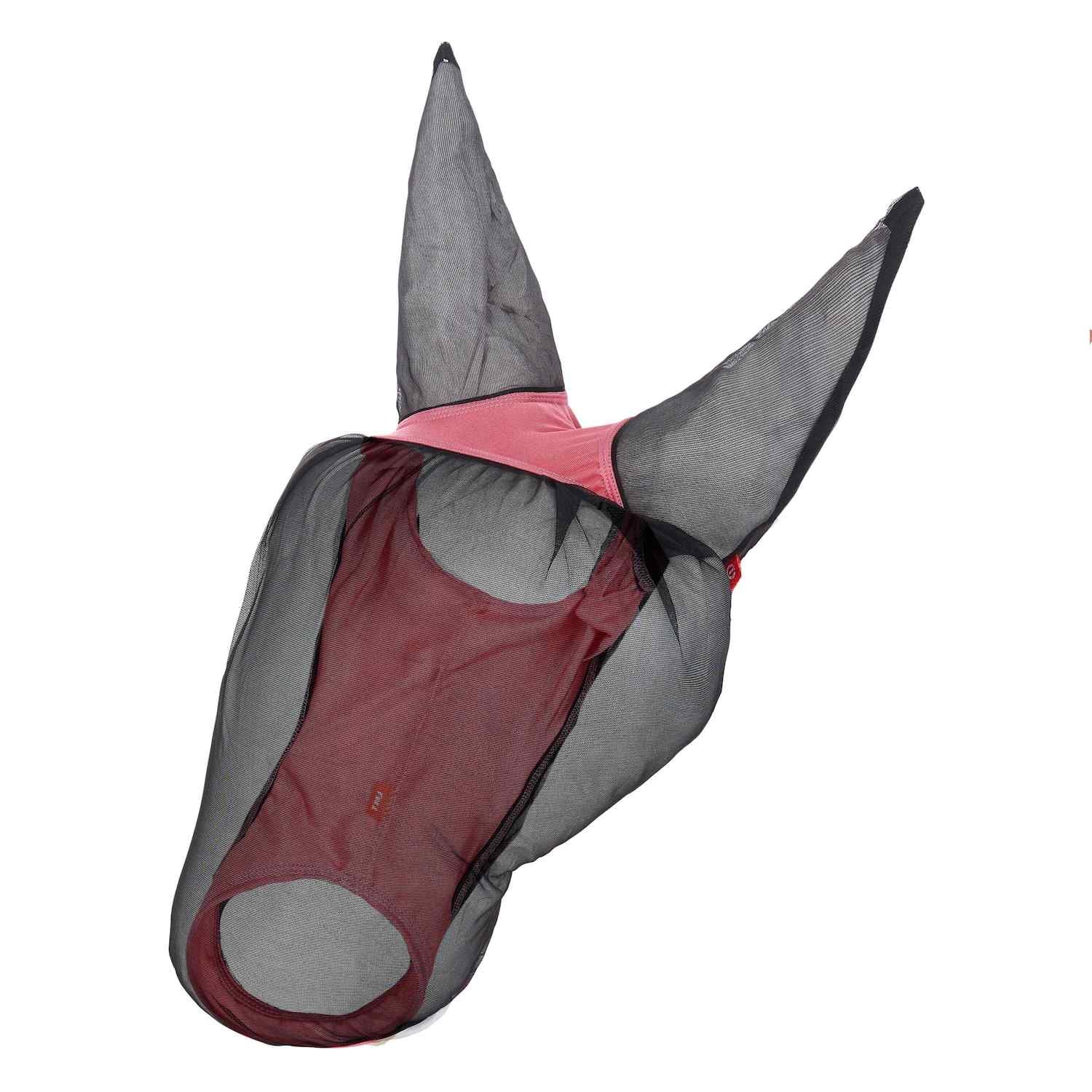 Das Produktbild zeigt die rosafarbene Imperial Riding Fliegenmaske IRH Careful mit dünnem schwarzem Mesh im Augen- und Ohrenbereich, das für optimalen Fliegenschutz sorgt und gleichzeitig eine hohe Atmungsaktivität bietet, wodurch sich die leichte Fliegenmaske ideal für heiße Tage am Pferdekopf eignet.