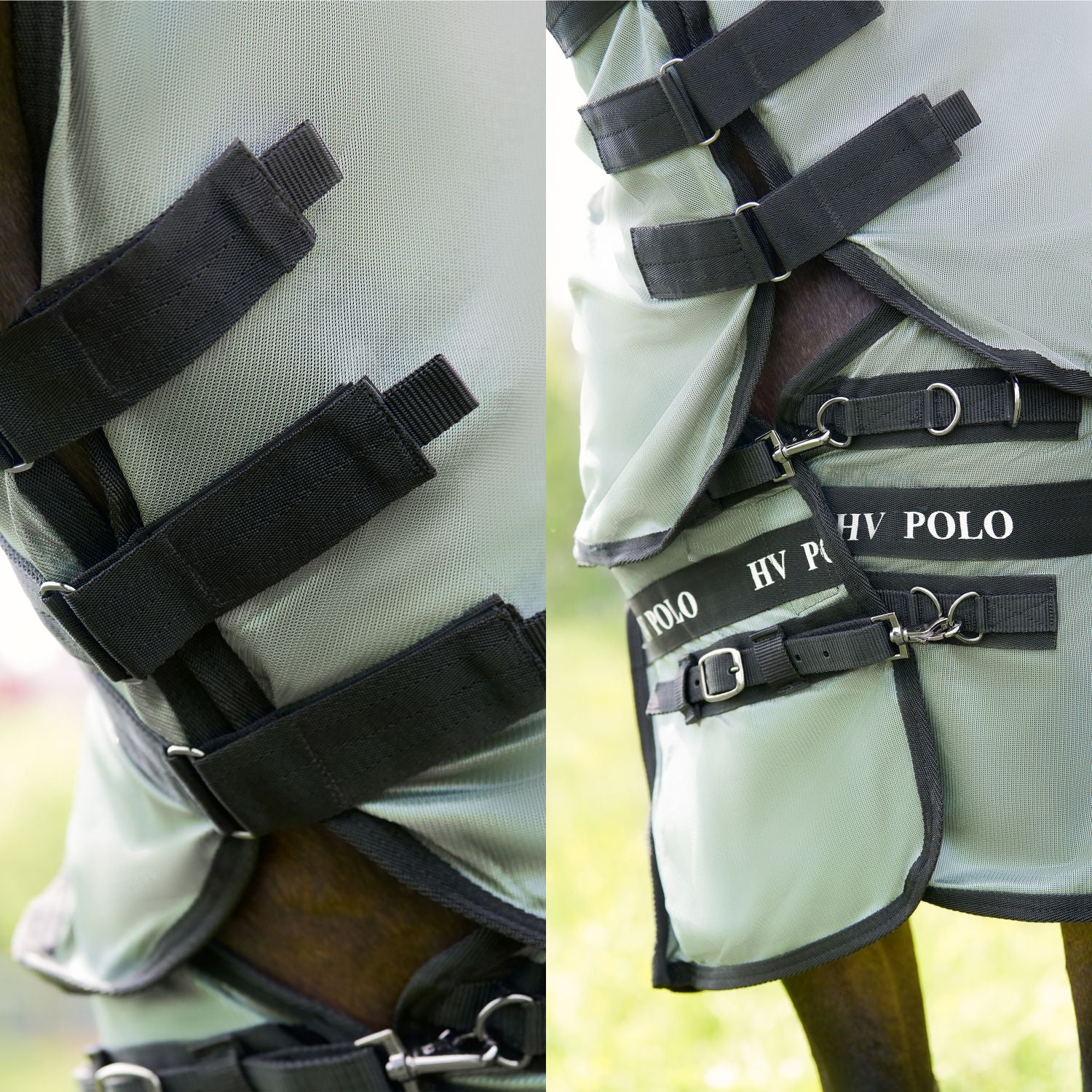 Der Halsteil der Fliegendecke kann durch Klettverschlüsse vollständig abgenommen werden und lässt damit eine vielseitige Nutzung, aber auch ein stets optimiertes Deckenmanagement zu. Auch der Brustverschluss der Fliegendecke ist durch zwei Verschlüsse individuell auf das Pony oder Pferd einstellbar. Für hohen Tragekomfort und sicheren Halt am Pferdekörper. Eine Dornschnalle mit Größenverstellung und ein Karabiner zum schnellen öffnen, sorgen für diese Flexibilität.