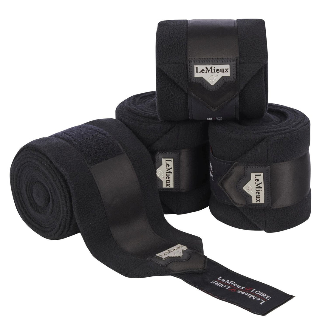 LeMieux Loire Polo Bandagen Schwarz mit glänzenden Satindetails, hochwertige Fleece Bandagen mit LeMieux Metall-Emblem, klassisch edel und funktional, umweltbewusste Jütetasche inklusive