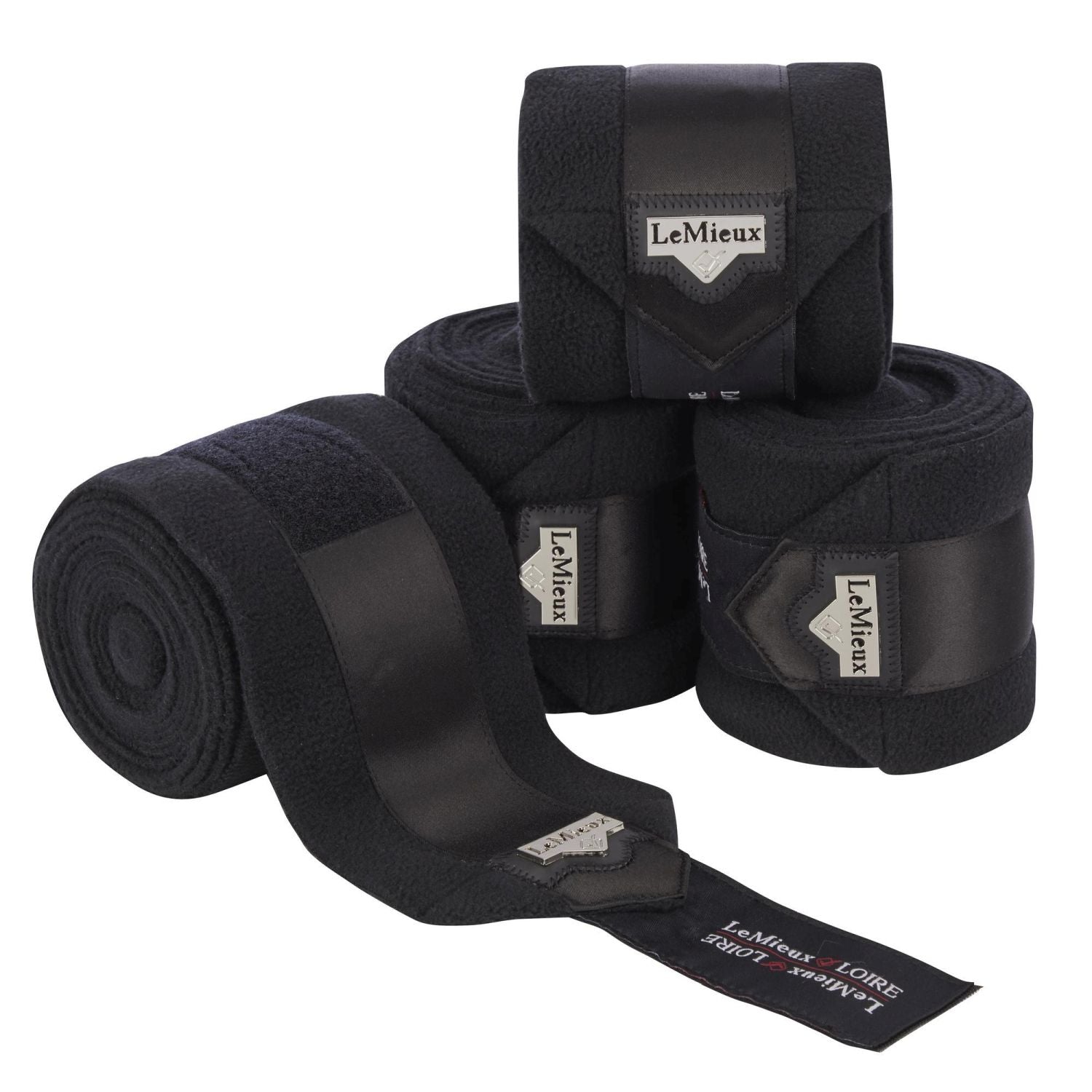 LeMieux Loire Polo Bandagen Schwarz mit glänzenden Satindetails, hochwertige Fleece Bandagen mit LeMieux Metall-Emblem, klassisch edel und funktional, umweltbewusste Jütetasche inklusive