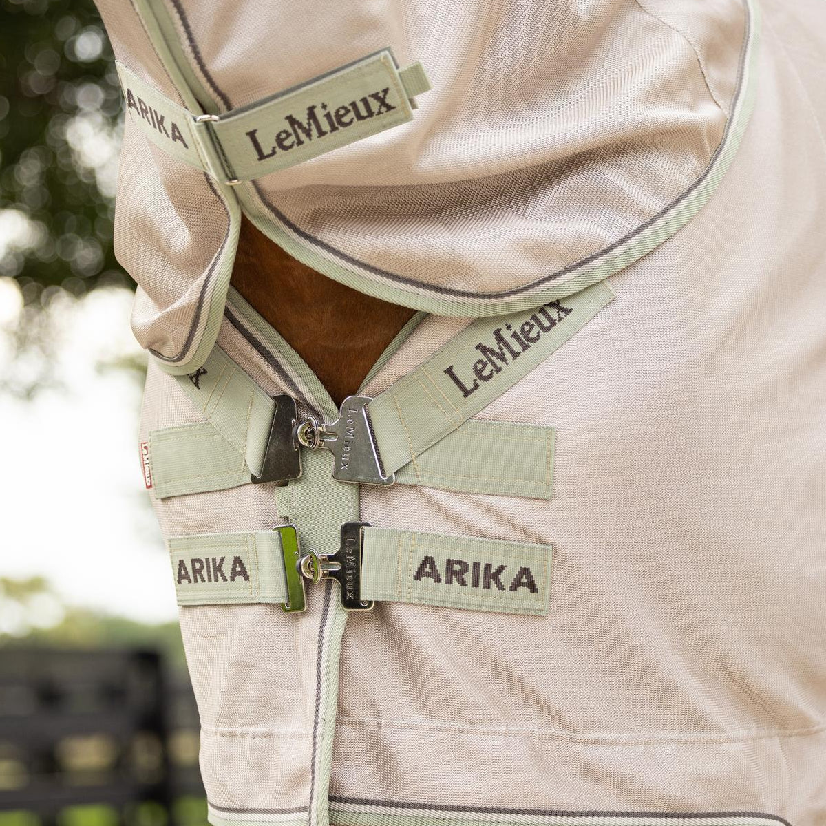 Die Kombination aus LeMieux Arika Armour-Tek Fliegendecke und Halsteil zeigt das sichere Verschlusssystem aus T-Stegen und Klett, das ein flexibles Deckenmanagement bei hohem Aufkommen von Bremsen und Kriebelmücken ermöglicht.