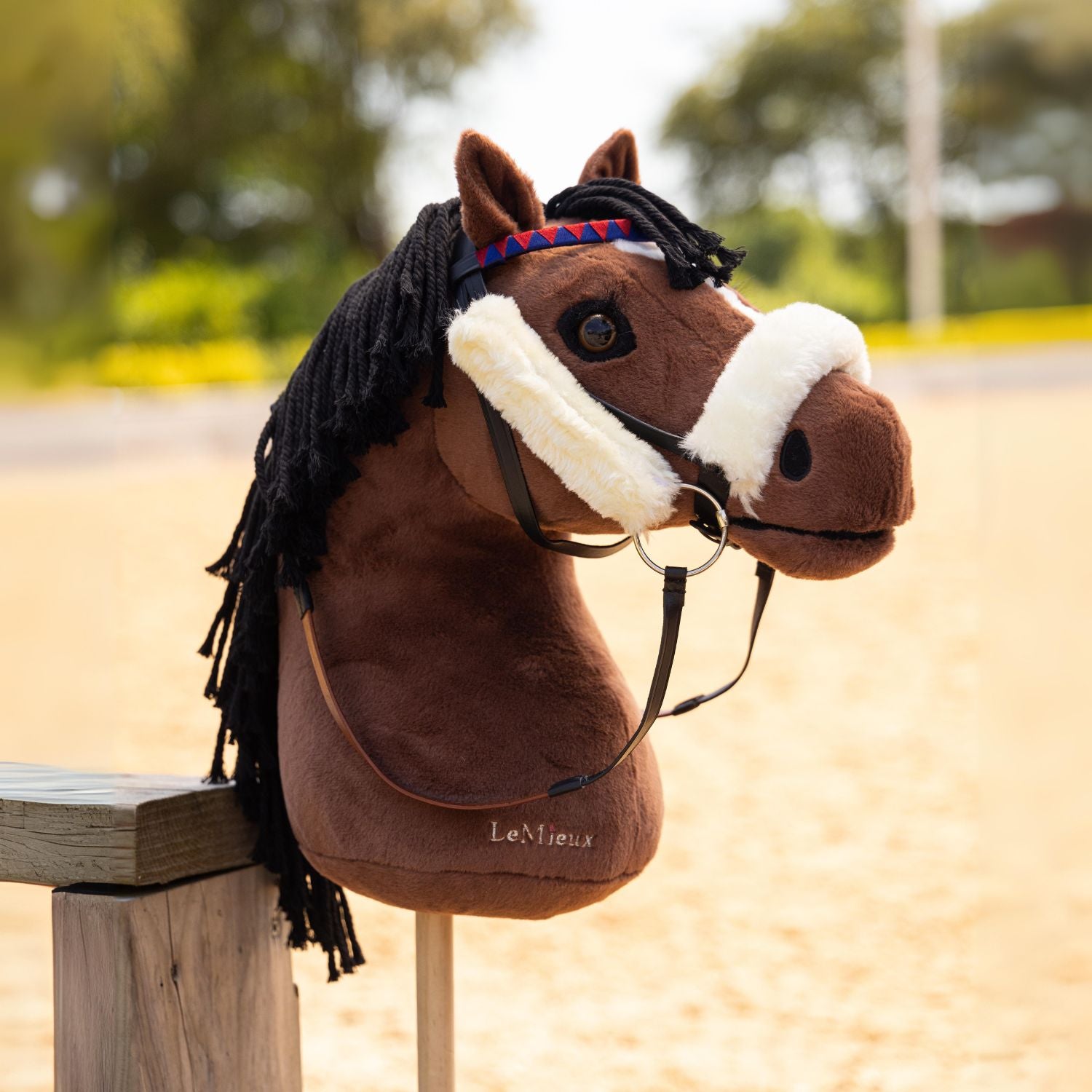 LeMieux Steckenpferd Hobby Horse Chancer mit plüschiger Trense, Zügeln und Miniaturgebiss Chancer sieht aus wie ein Hobby Horse Rennpferd. Im Hintergrund ist ein Reitplatz mit Sand zu erkennen. Die goldene LeMieux Logo-Bestickung ist am unteren Hals von Chancer zu erkennen.