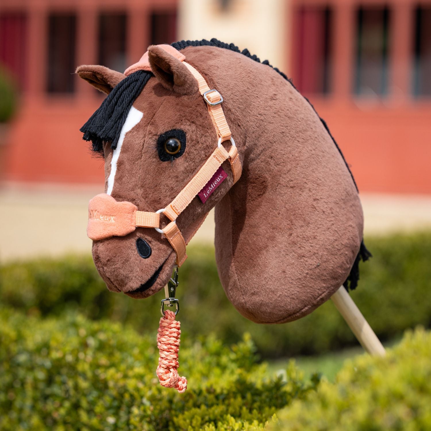 Die lange, schwarze Mähne des LeMieux Steckenpferd Hobby Horse Chancer ist auf die andere Seite gekämmt. Vollblut-Hobby Horse mit realistischem Kopf und Augen.