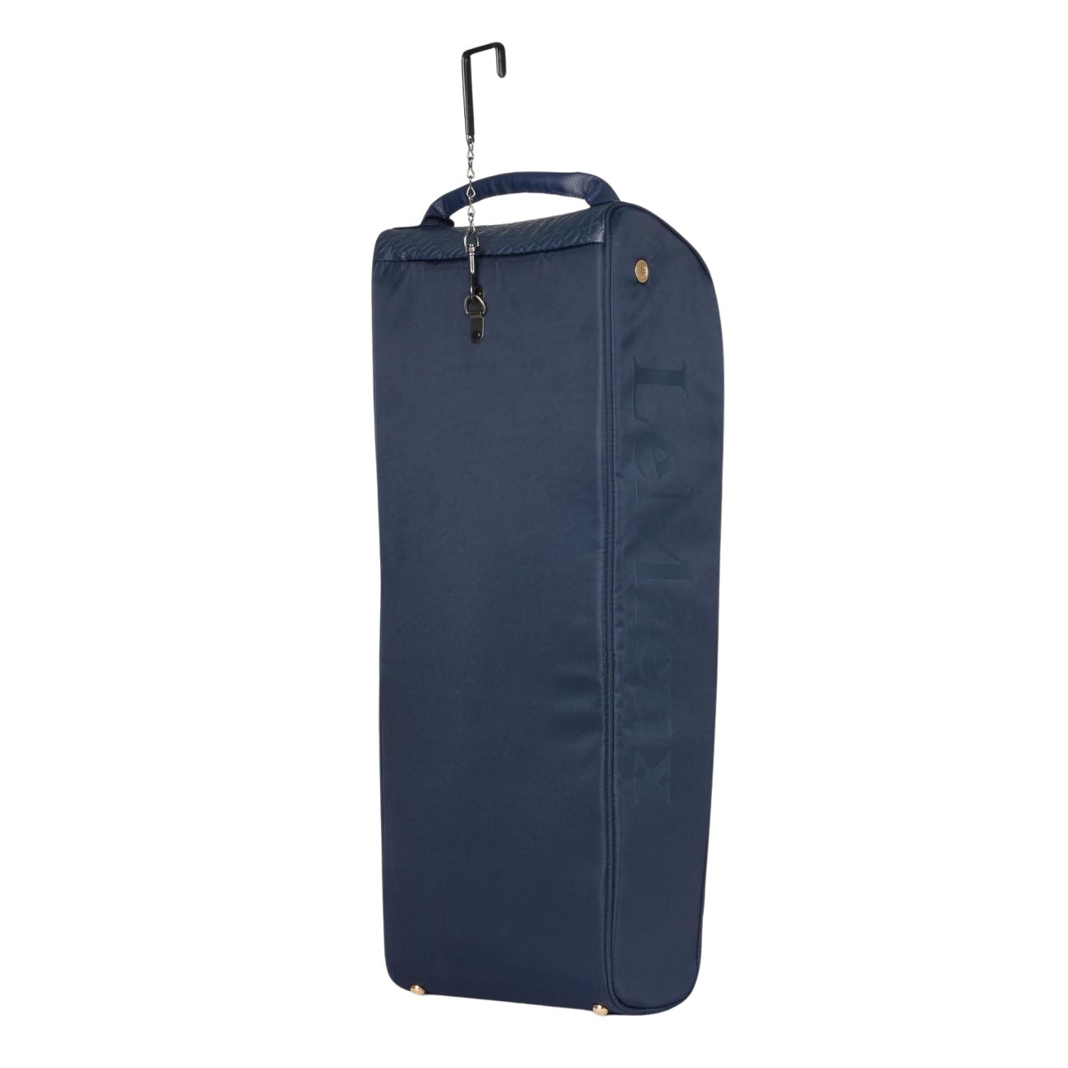 LeMieux Luxe Trensentasche Navy Rückansicht – elegante Reitsport Aufbewahrungstasche für Trense und Kandare, stabile Rückseite mit goldenen Akzenten, hochwertiges Material in edlem Navy Blau, Teil der LeMieux Luxe Serie, ideal für Turnier, Training und Transport von Zaumzeug.LeMieux Luxe Trensentasche Navy Tragegriff & L-Haken – komfortabler rundgenähter Griff zum Tragen und praktischer Haken zum Aufhängen im Pferdeanhänger oder Stall, Reit-Transporttasche Zaumzeug