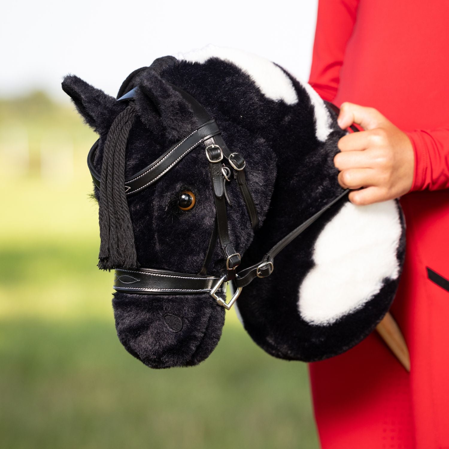 LeMieux Steckenpferd Hobby Horse Razzle mit bernsteinfarbenen Augen und einem realistischen Pferdekopf. Razzle trägt eine schwarze Trense und eine junge Hobby Horse Reiterin hält die Zügel fest in der Hand.