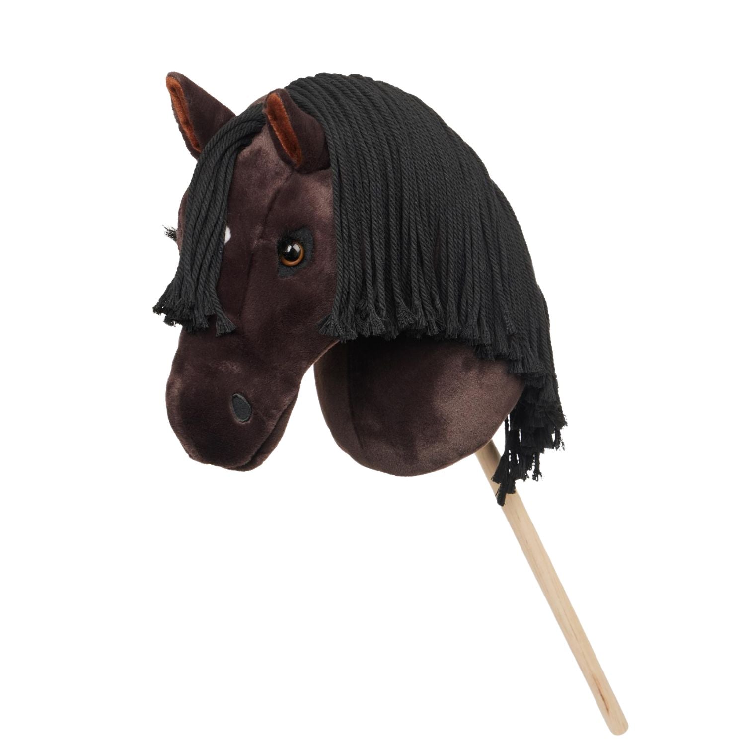 LeMieux Steckenpferd Hobby Horse Freya dunkelbraun mit langer schwarzer Mähne und kleiner Blesse. Ein stabiler Holzstab sorgt für einfaches Halten und Tragen des Hobby Horses. Geeignet für alle Disziplinen im Hobby Horsing für Kinder ab 3 Jahren.