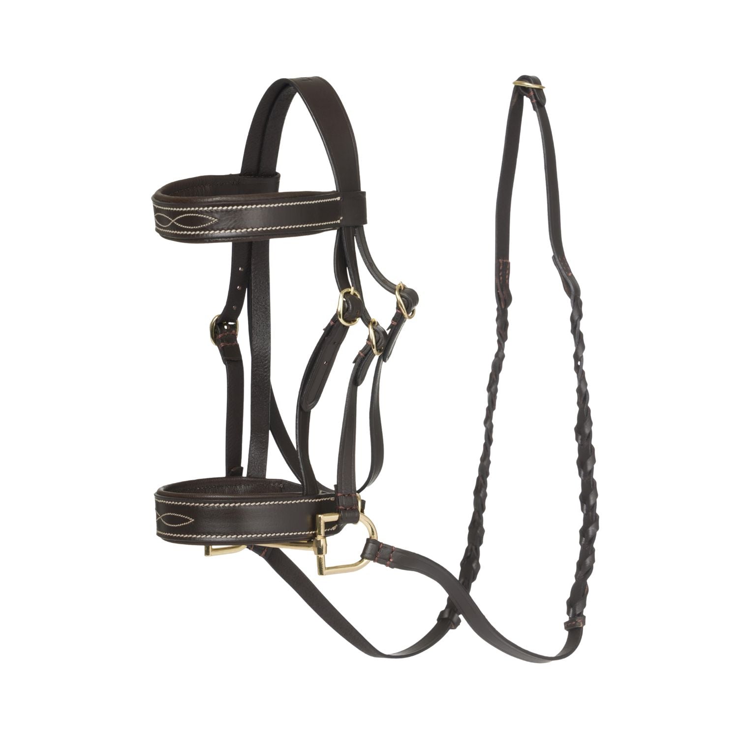 LeMieux Hobby Horse Trense Hunter in Braun aus Echtleder mit goldenen Beschlägen und geflochtenen Zügeln – ideale Springtrense fürs Hobby Horsing für Kinder ab 8 Jahren.