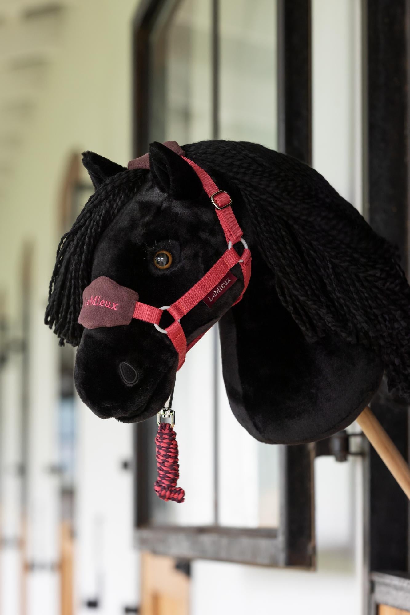 LeMieux Hobby Horse Halfter Vogue Cranberry an Hobby Horse Spike in der Stallgasse – realistisches Mini-Halfterset mit zweifarbig geflochtenem Führstrick in Rot, inspiriert vom original LeMieux Halfter Vogue. Edles, robustes Hobby Horse Zubehör mit Fleeceeinsätzen für optimalen Komfort bei Spiel, Training und Präsentation.