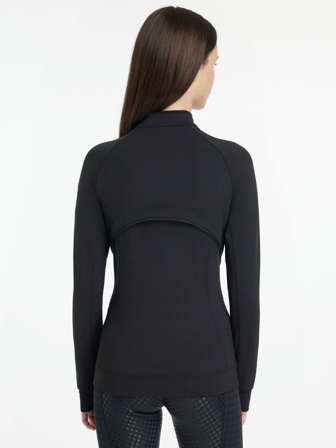 Rückansicht der LeMieux Aspen Brushed Zip Through Jacket Black – atmungsaktive Reitjacke mit Rückenschlitz und Netz-Einsatz