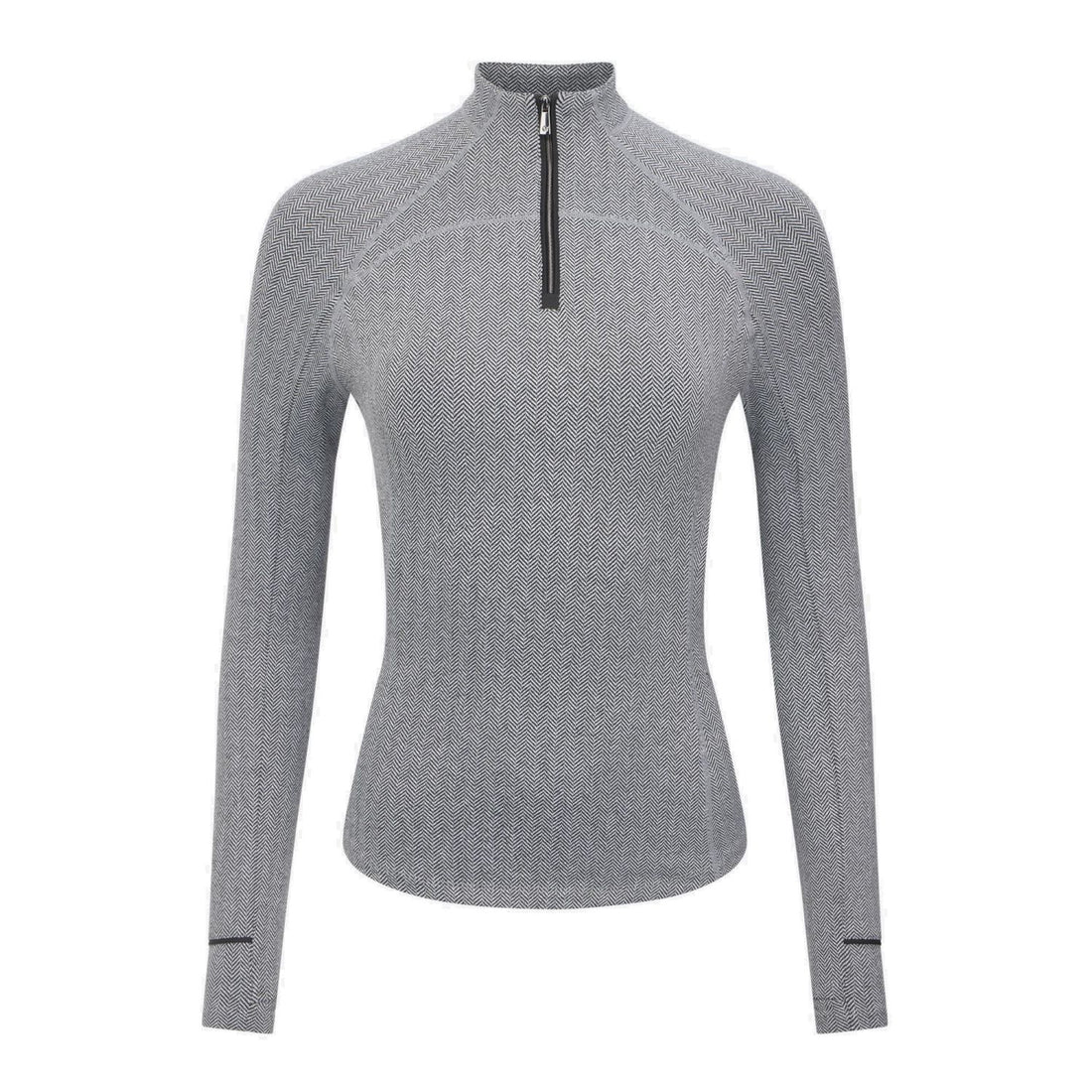 LeMieux Base Layer Aspen Herringbone Black – elegantes Reitshirt für Damen in Schwarz-Weiß mit Fischgrätmuster. Frontansicht mit kontrastfarbigen Lack-Applikation an Stehkragen und Ärmeln sichtbar.
