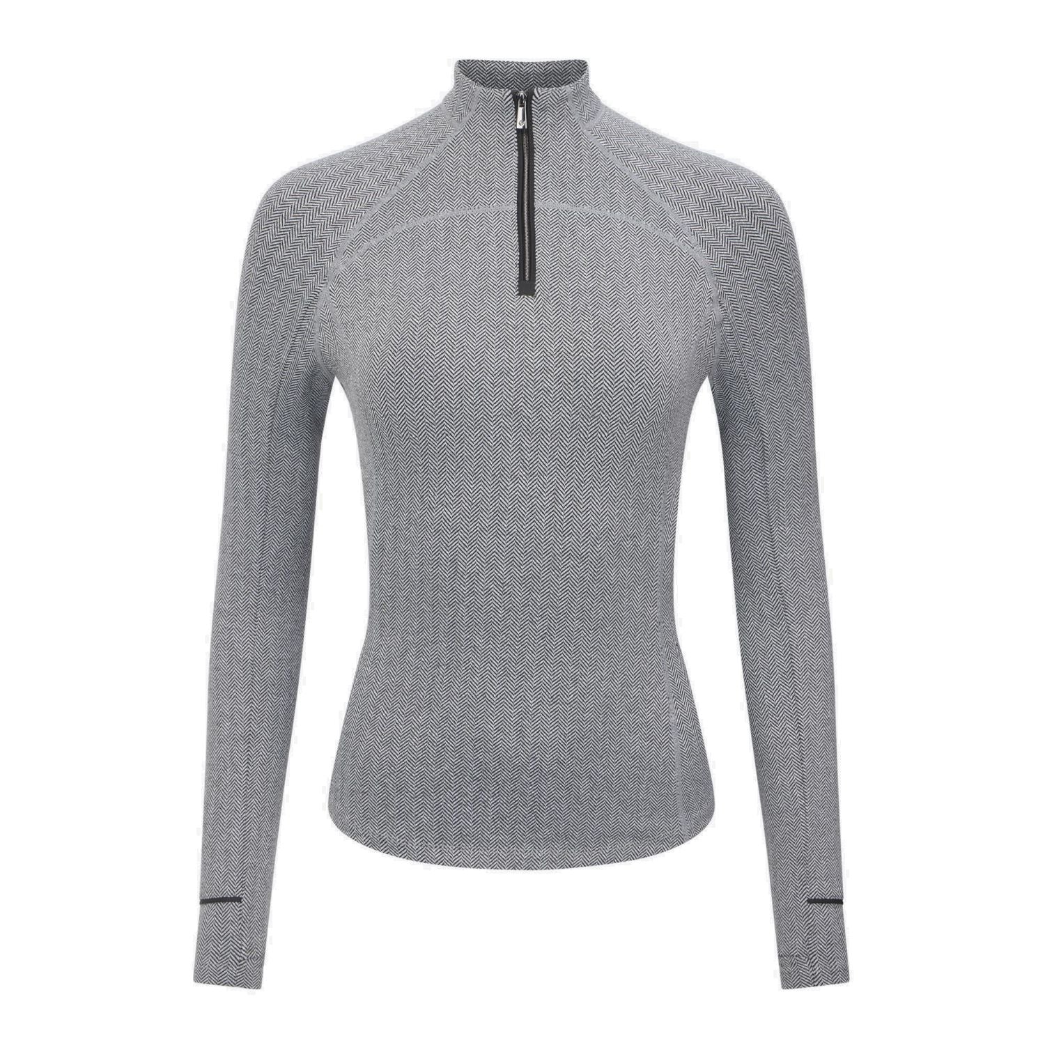 LeMieux Base Layer Aspen Herringbone Black – elegantes Reitshirt für Damen in Schwarz-Weiß mit Fischgrätmuster. Frontansicht mit kontrastfarbigen Lack-Applikation an Stehkragen und Ärmeln sichtbar.
