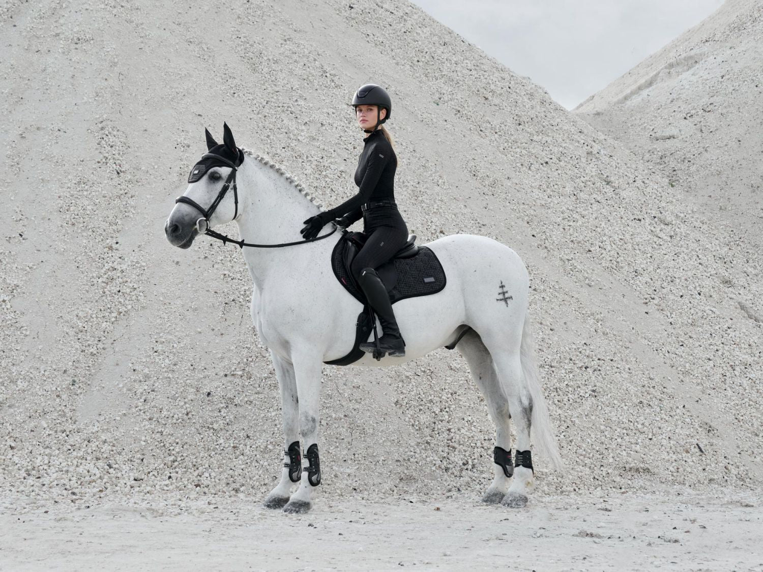 Reiterin trägt den LeMieux Aspen Houndstooth Quarter Zip Top Black beim Reiten – stylisches und atmungsaktives Reitshirt. Kombiniert mit anderen Kleidungsteilen aus der Aspen Kollektion Houndstooth im Hahnentrittmuster von LeMieux.