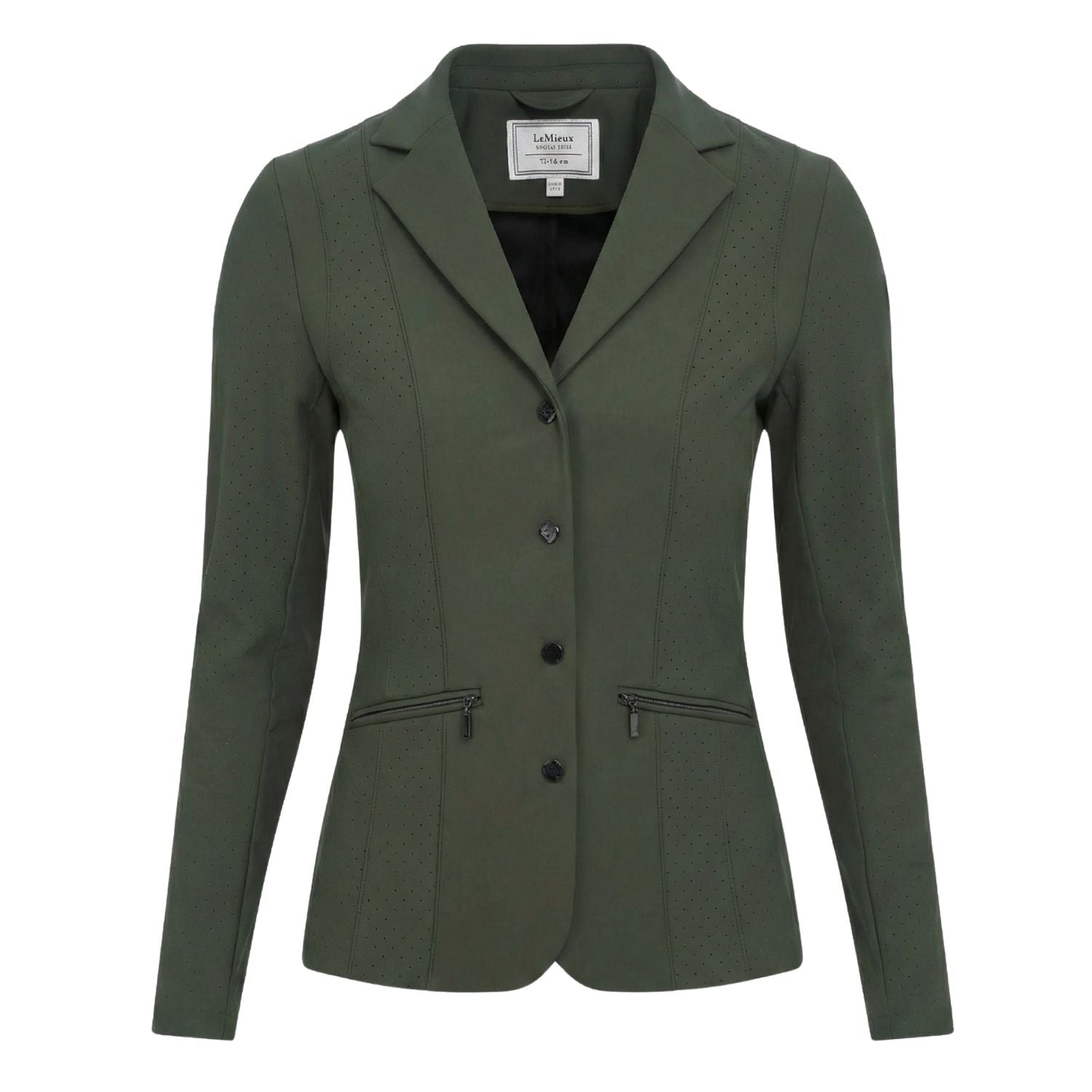 LeMieux Turnierjacket Jessica Mesh in Pine Green für Damen – Vorderansicht des atmungsaktiven Mesh-Turniersakkos mit Logo-Knöpfen und sportlichen Konturnähten für maximale Belüftung im Sommer.