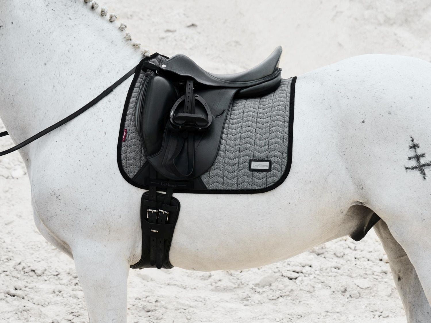 LeMieux Aspen Dressage Square Herringbone schwarz weiß auf Pferderücken, anatomischer Schwanenhals für optimale Rückenlage und Widerristfreiheit.