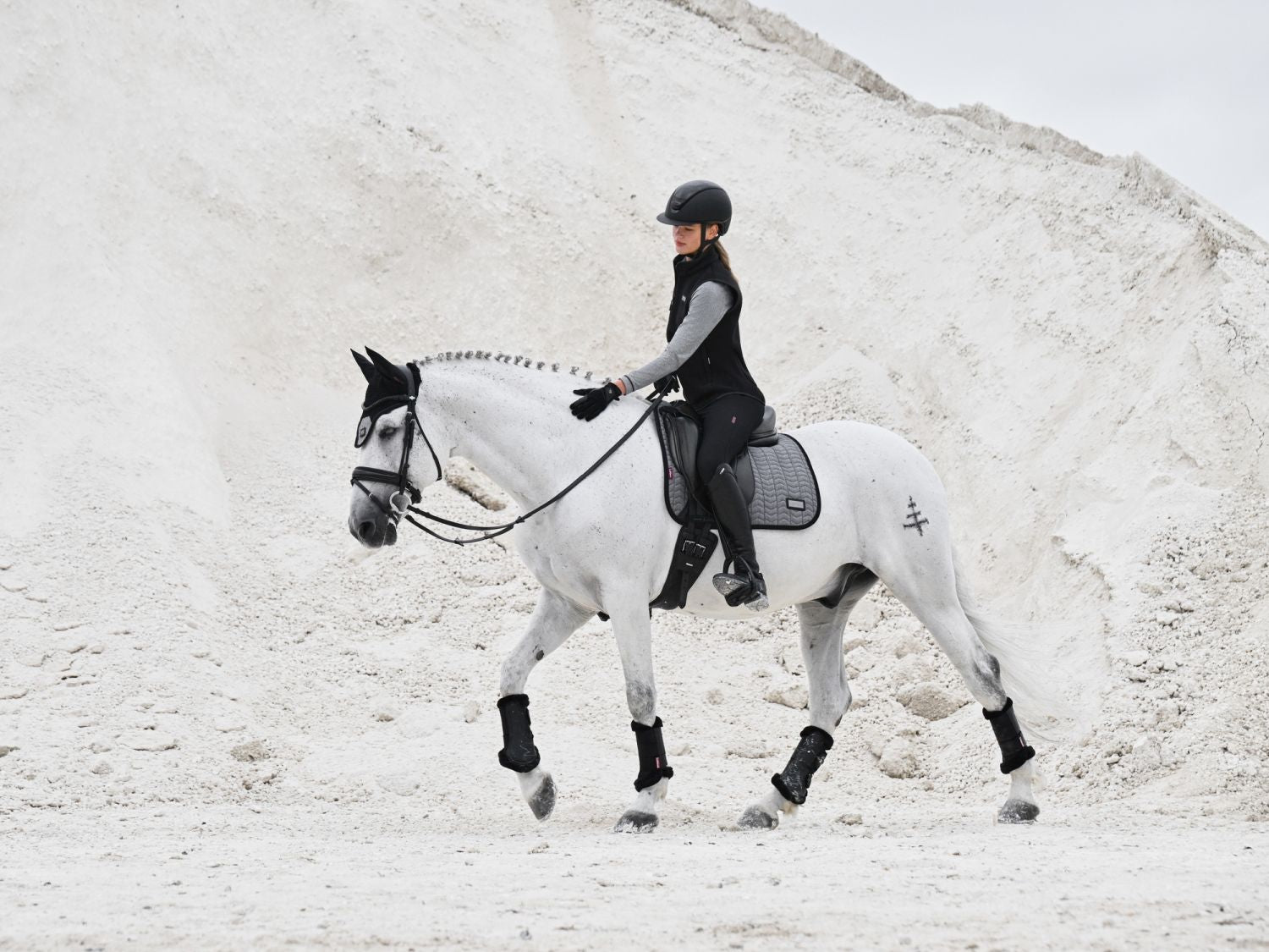 Pferd mit LeMieux Aspen Dressage Square Herringbone schwarz weiß Schabracke, Reiterin in Aspen Capsule Collection, elegante und funktionale Dressurausrüstung.