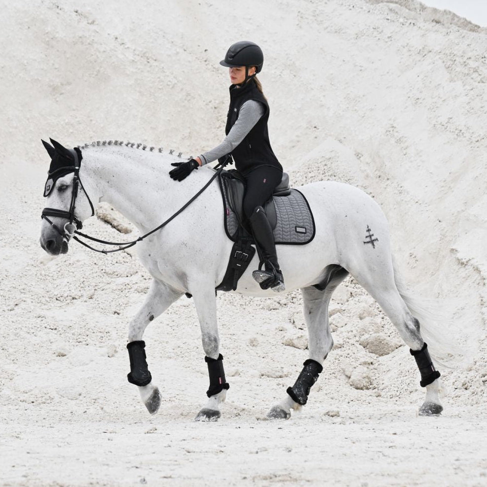 Pferd mit LeMieux Aspen Dressage Square Herringbone schwarz weiß Schabracke, Reiterin in Aspen Capsule Collection, elegante und funktionale Dressurausrüstung.