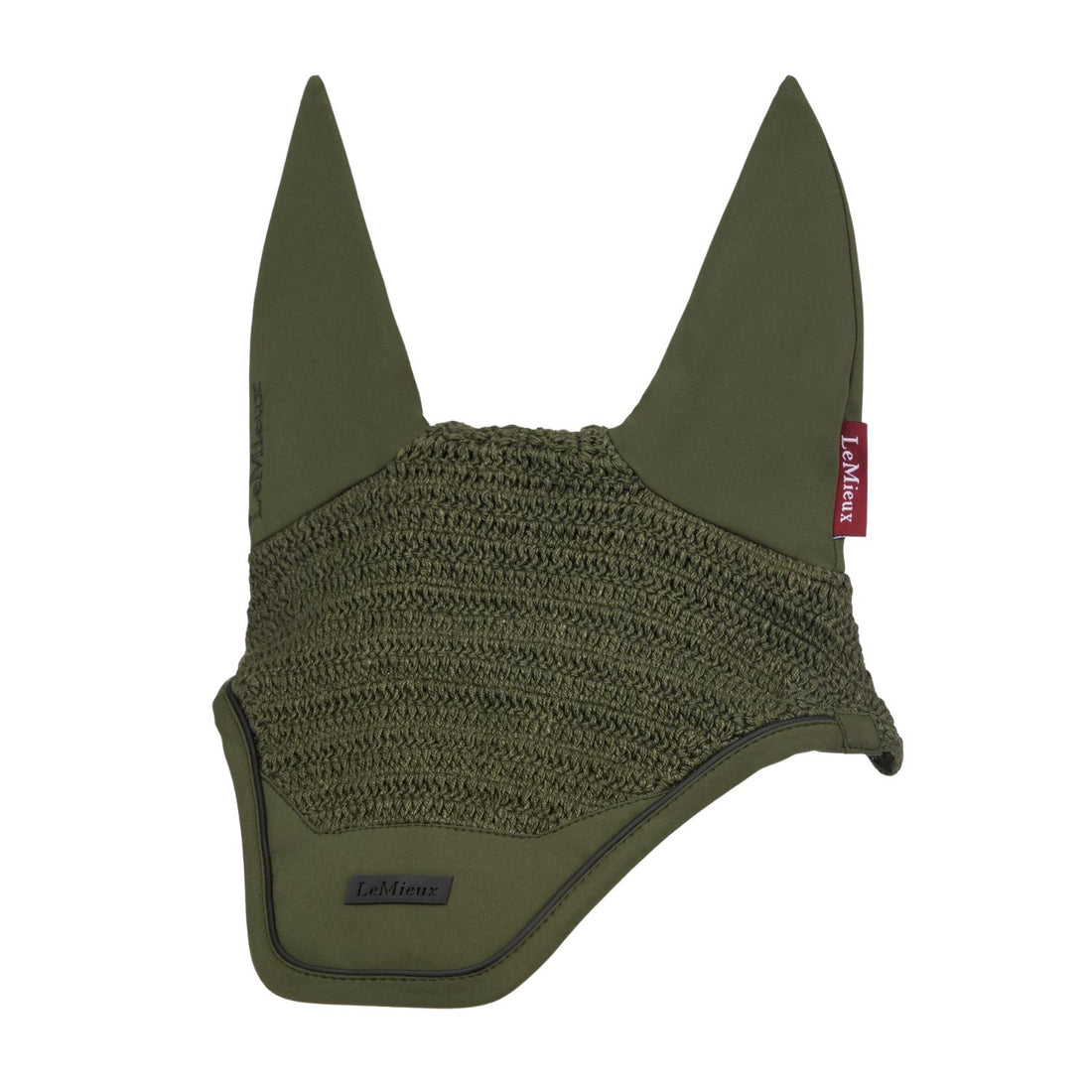 LeMieux Fliegenmütze Essence Pine Green Vorderansicht – elegante Fliegenhaube für Pferde aus handgehäkeltem Material in edlem Kieferngrün.