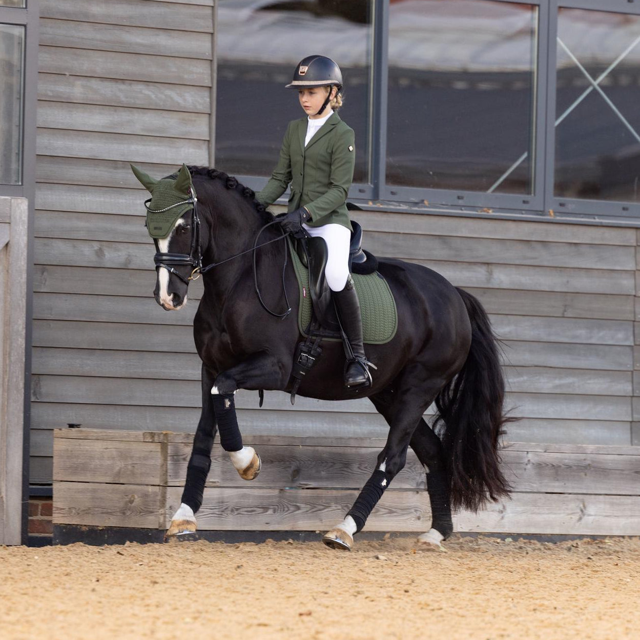 Reiterin vollständig in Lemieux Essence Kollektion gekleidet im Partnerlook zu ihrem Pferd. Pferd trägt Essence Fliegenmütze und Schabracke in pine green mit Loire Bandagen in schwarz. Reiterin trägt Turnierjacket Jessica Mesh in pine green zu weißer Reithose. Reiterin galoppiert mit schwarzem Pferd durch die Halle.