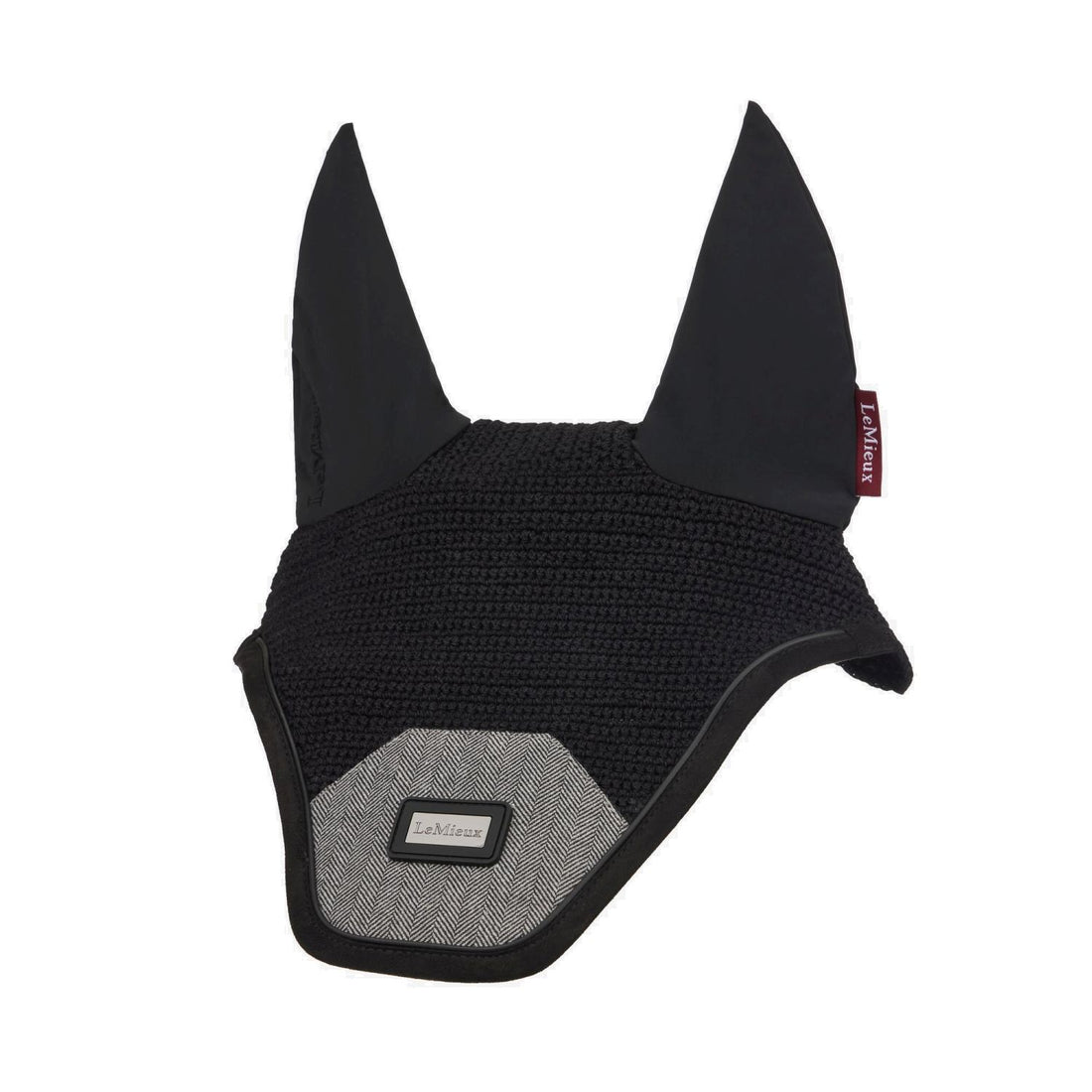 LeMieux Fliegenmütze Aspen Herringbone Black – elegante Fliegenhaube im klassischen Fischgrätmuster in Schwarz-Weiß mit handgefertigter Häkeloptik und metallischem LeMieux Logo. Luxuriöser Insektenschutz mit elastischen Ohren und atmungsaktivem Material für Pferd und Pony.
