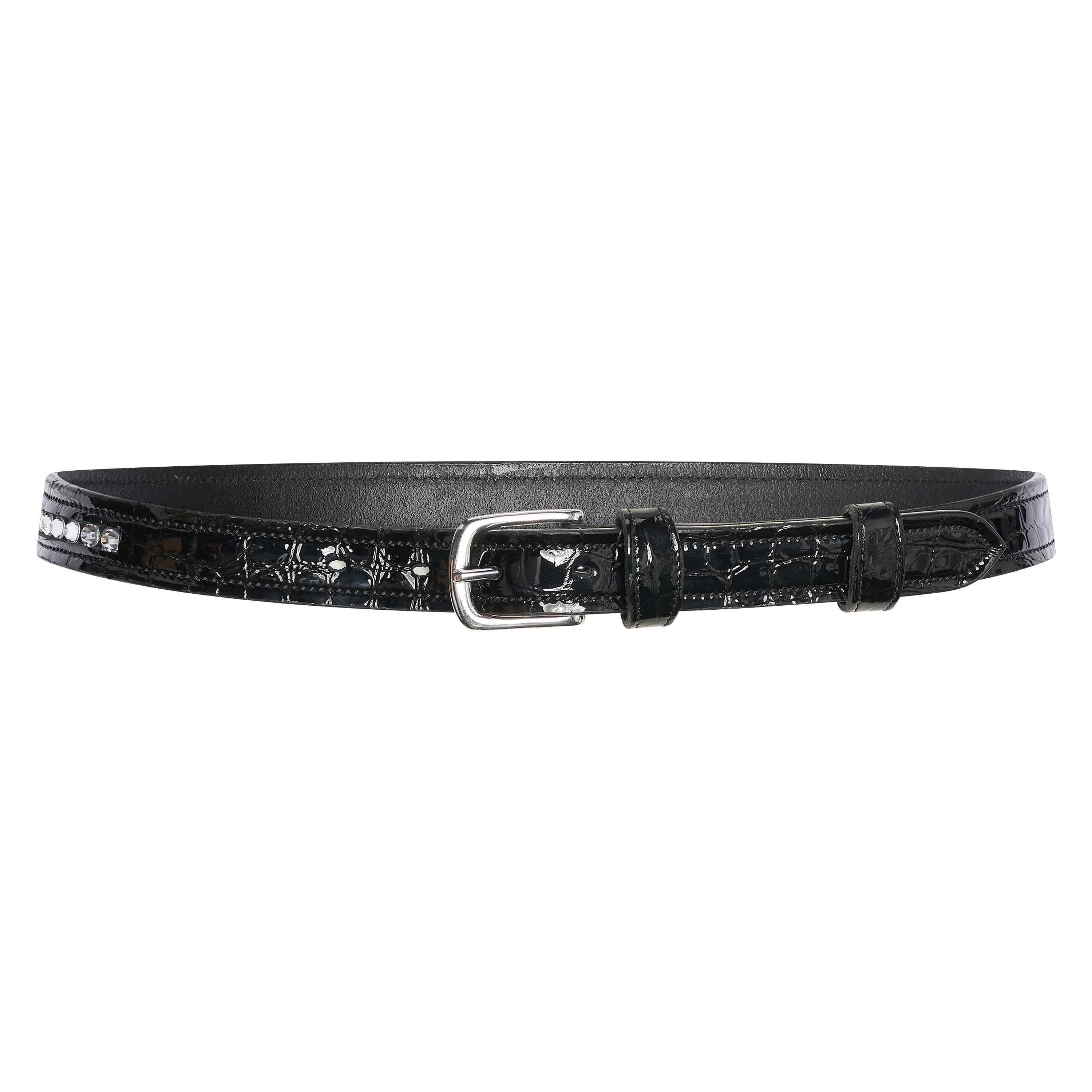 Imperial Riding IRHOlania Sparkle Gürtel in black croco silver aus luxuriösem Lackleder, mit silberner Dornschnalle auf der Vorderseite und klaren funkelnden Strasssteinen, ideal für Reitoutfits, Turnierlooks und den Equestrian Lifestyle