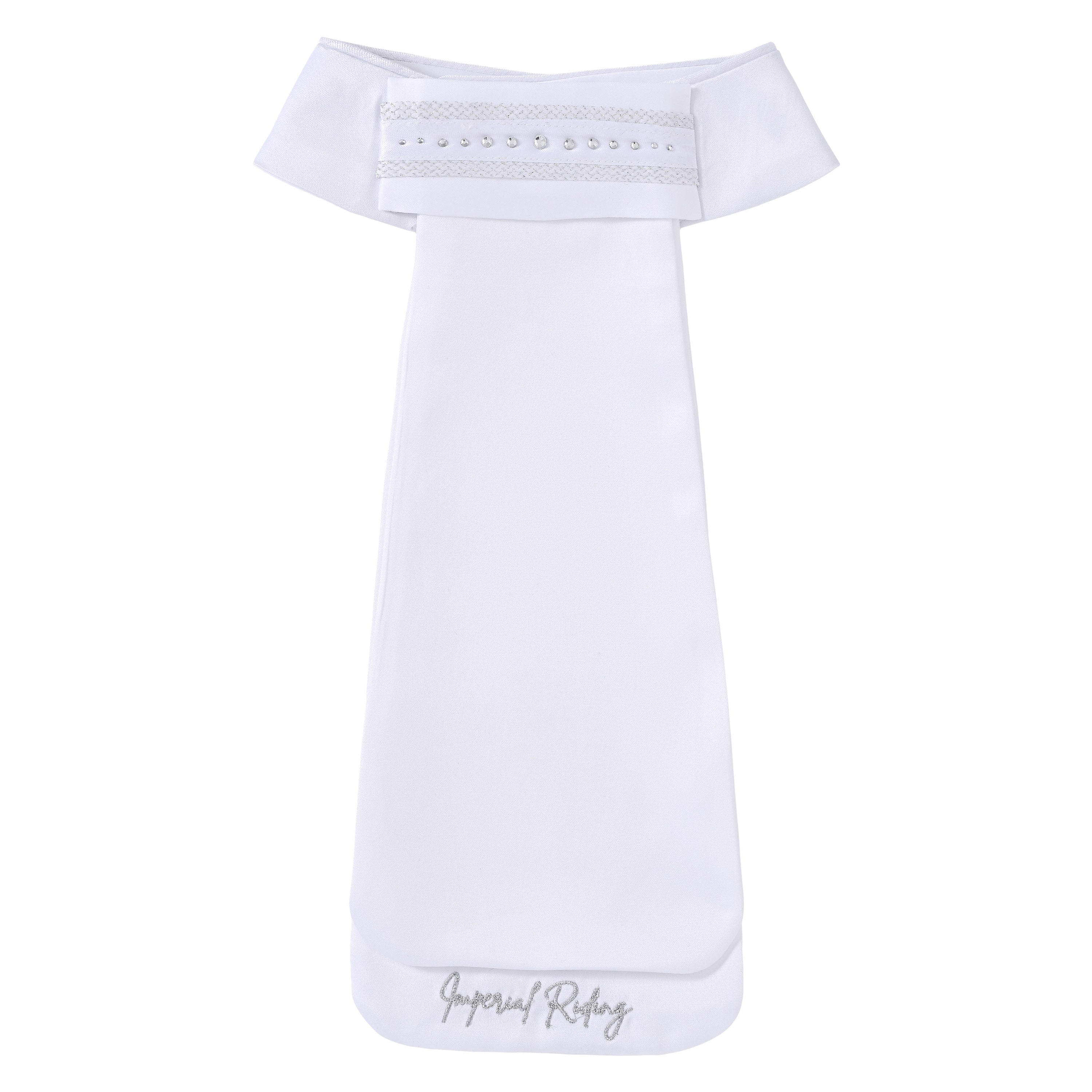Imperial Riding Plastron IRHBasic weiß – elegantes Turnierplastron für Dressur, mit klaren Kristallsteinen, silbernem Netzmuster und klassischem Dressurkragen, ideales Plastron für Dressurprüfungen von Einsteigerklasse bis Grand Prix, komfortabel, stilvoll und elegant.