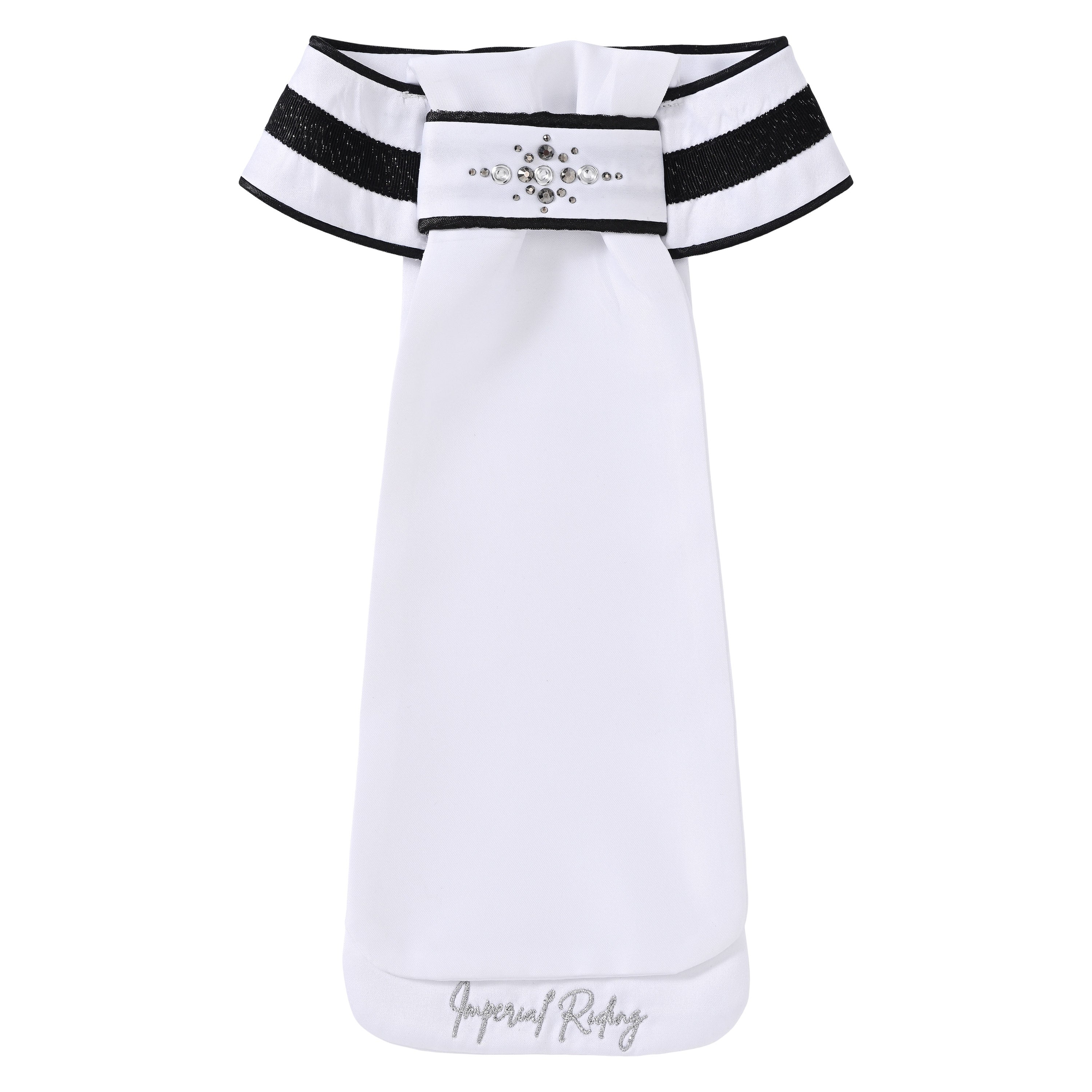 Elegantes Imperial Riding Plastron IRHBasic mit schwarzer Glitzerpaspel und funkelnden Kristallsteinen für Dressurreiten und Turniere getragen zur klassischen schwarz weißen Turnierkleidung.