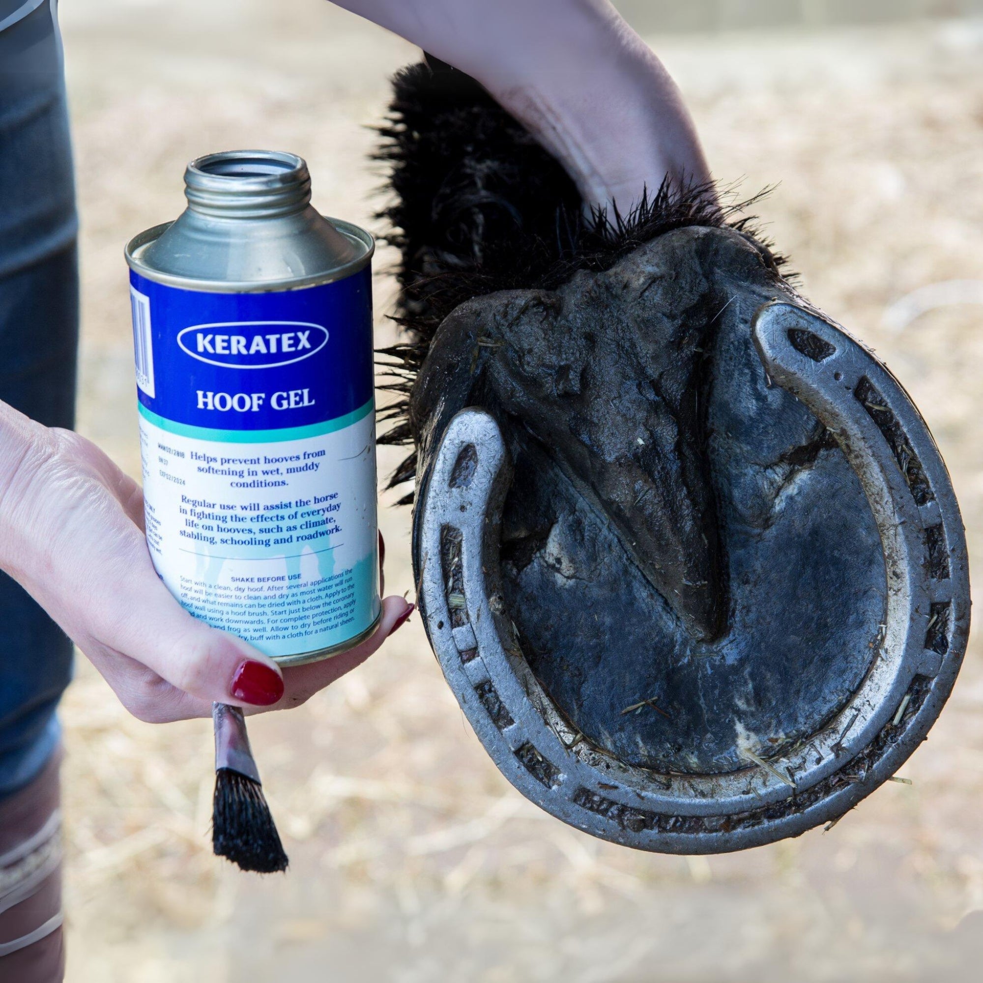 Tragen Sie das Keratex Hoof Gel bei zu weichen Pferdehufen in feuchter Umgebung auf den Huf eines Pferdes auf, um ihn zu pflegen, zu pflegen und zu schützen.