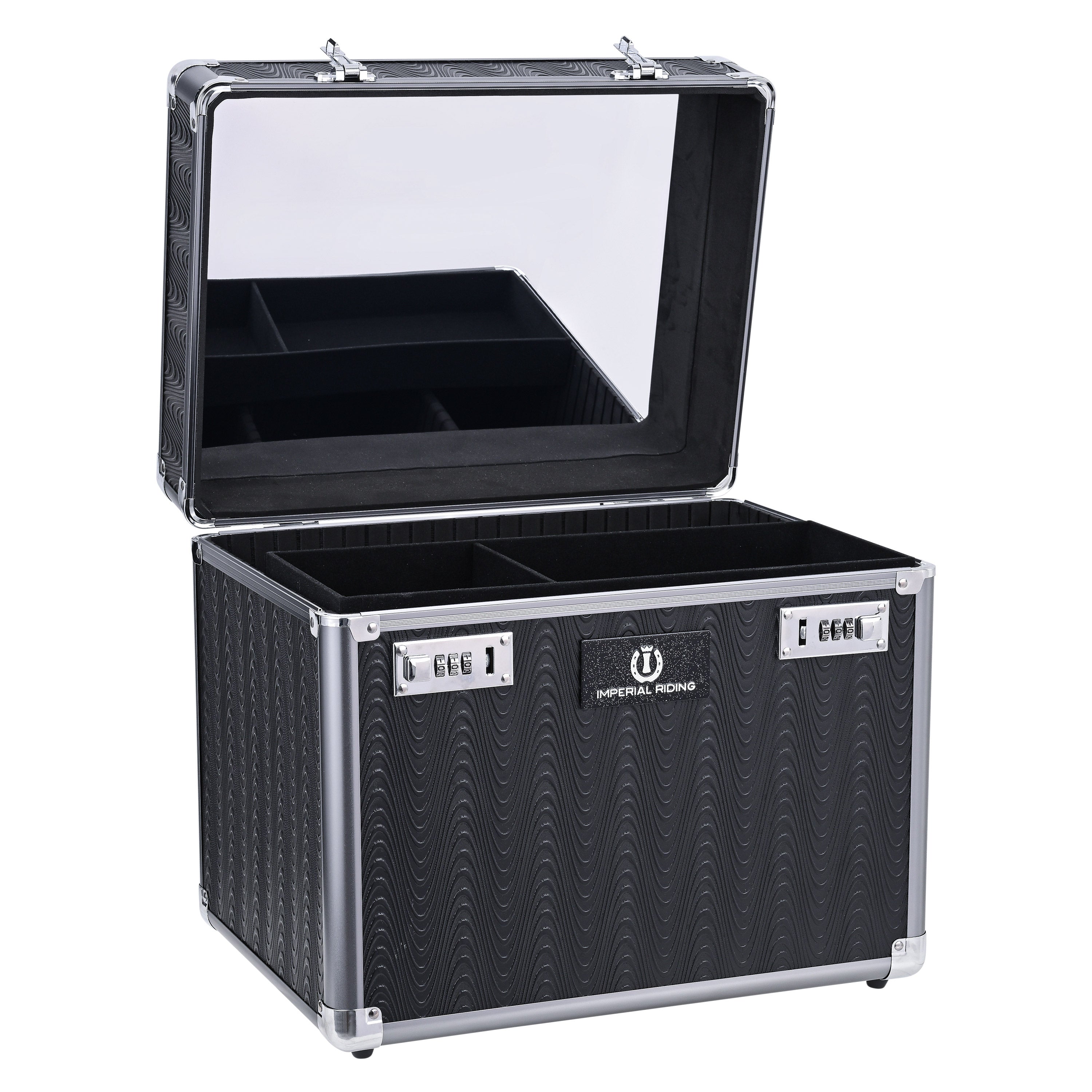 Geöffnete Imperial Riding Putzbox IRHShiny grey black mit variabler Innenaufteilung, herausnehmbaren Trennwänden, Neopren-Innenmaterial und Spiegel im Deckel für den Einsatz im Stall oder auf Turnieren. Zur Aufbewahrung von Bürsten, Striegeln, Putzzeug und Pferdepflegemitteln. Perfekt abgestimmt für Reiter*innen die Pferdepflege zelebrieren und lieben.