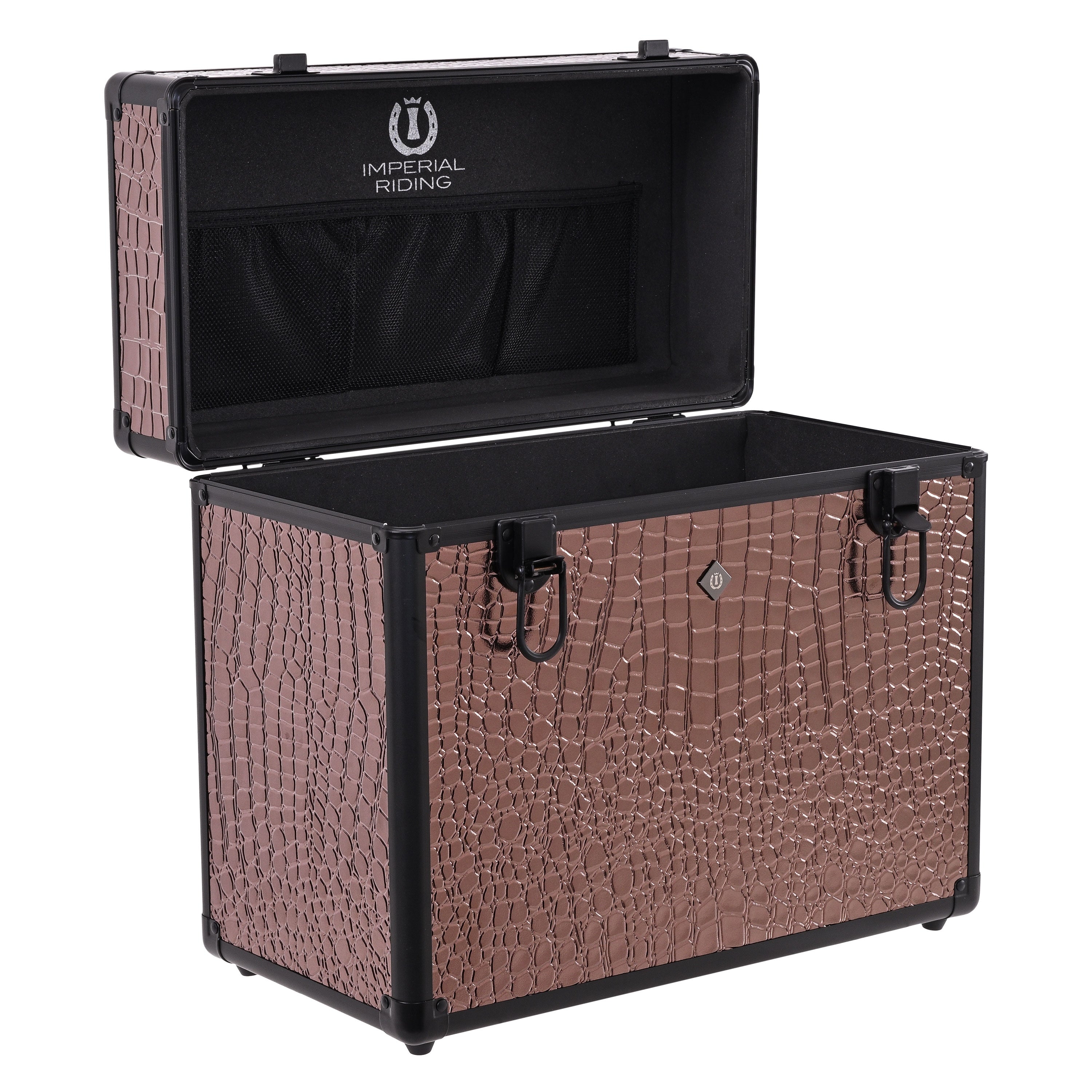 Geöffnete Imperial Riding IRHBasic Slim Line Putzbox in brown brown croco mit praktischem Deckelfach und Netztasche, flexibler Innenraum ohne Trennwände, viel Stauraum für Bürsten, Pflegemittel, hohe Flaschen und weiteres Reitsport-Equipment – ideal für Stall, Turnier, Pferdepflege und Transport.