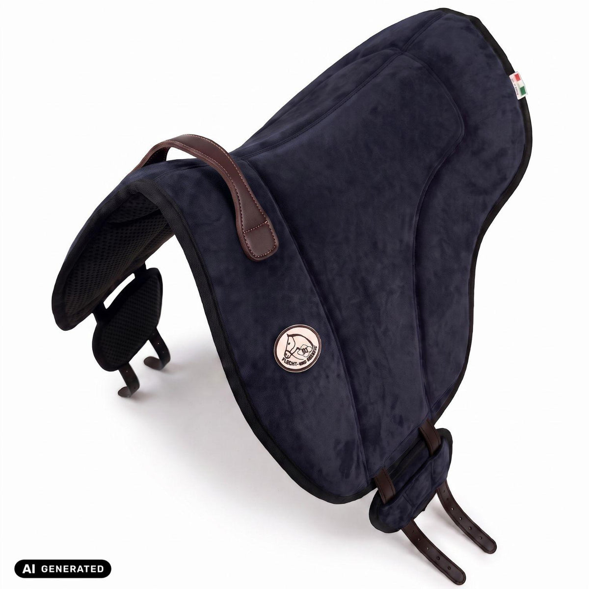 Die Perspektivansicht von oben auf das dunkelblaue Brockamp Bareback Pad Reitpad Spezial zeigt die ergonomische Wildleder-Sitzfläche, rahmende Pauschen sowie die seitliche V-Gurtung. Die flexibel verschiebbaren Gurtpolster mit rutschfestem Neopren veranschaulichen die gleichmäßige Druckverteilung beim Reiten ohne Sattel auf Pferd und Pony.