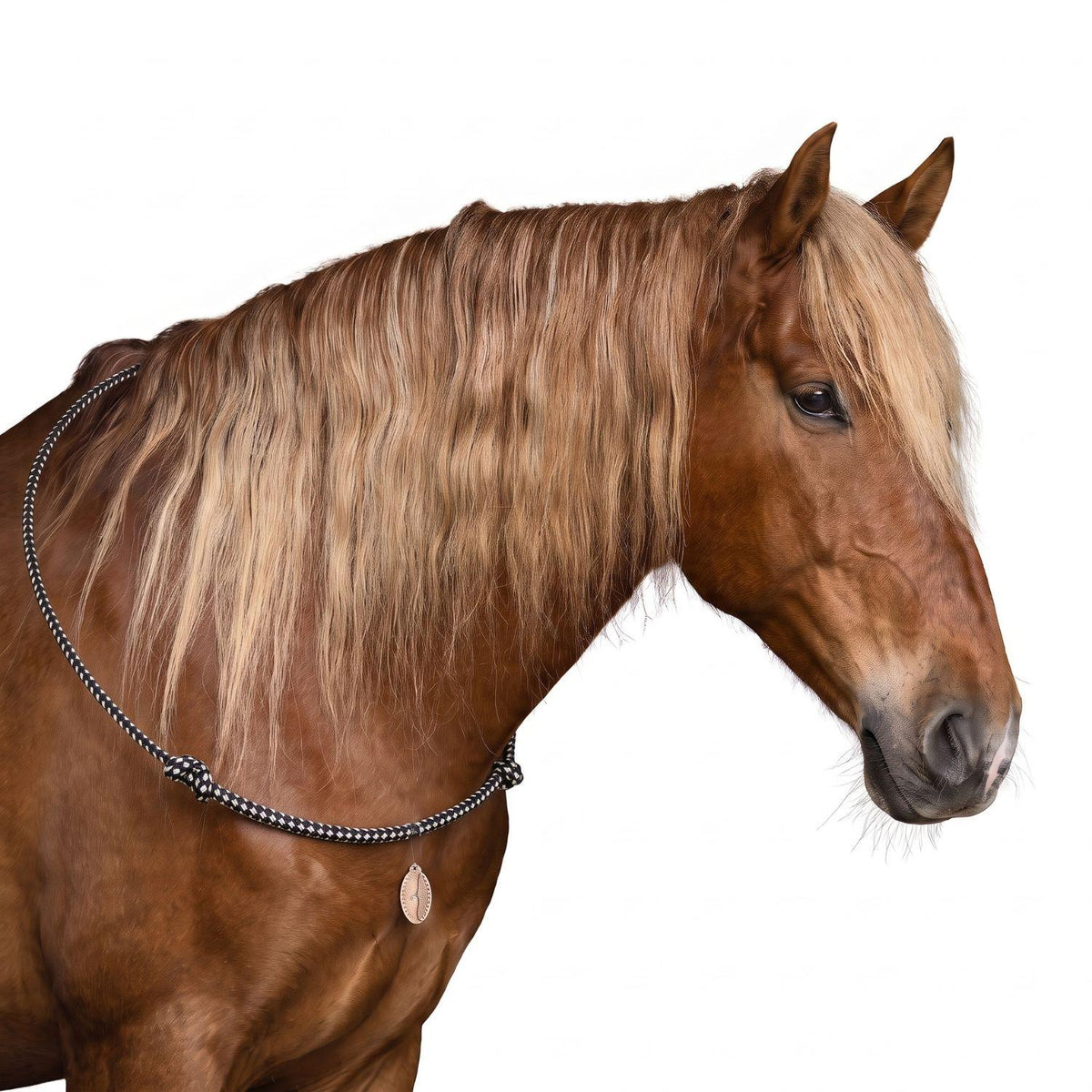 Formstabiler Brockamp Reitring in Schwarz-Weiß, angelegt an einem Pferd zur Demonstration der feinen, zügelunabhängigen Hilfengebung und des gebisslosen Reitens.