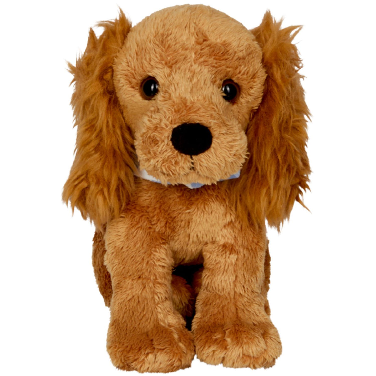 Vorderansicht des Kuscheltiers Cocker Spaniel Chip aus der Serie Lustige Tierparade von Die Spiegelburg. Der weiche, stehende Plüschhund in warmem Braunton blickt mit braun-schwarzen Knopfaugen und großer schwarzer Stupsnase direkt nach vorne. Mit seinen langen, puscheligen Schlappohren ist das detailgetreue Hunde-Stofftier ein treuer Gefährte zum Spielen und Kuscheln, ideal als Geschenk für Tierfreunde und Babys ab 0 Monaten.